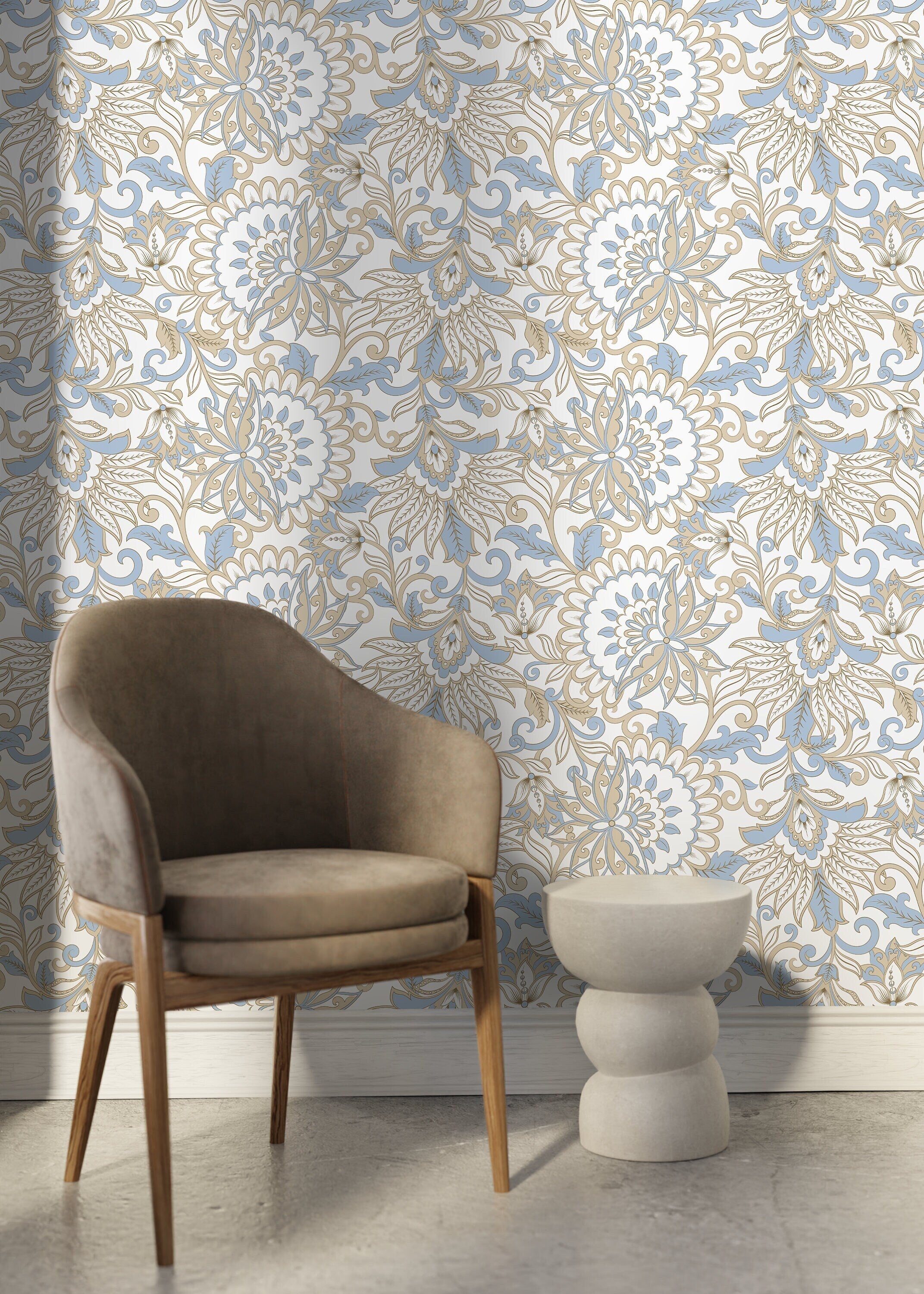 Victorian Wallpaper With An Elegant Floral Damask Motif In Blue And Beige - D079