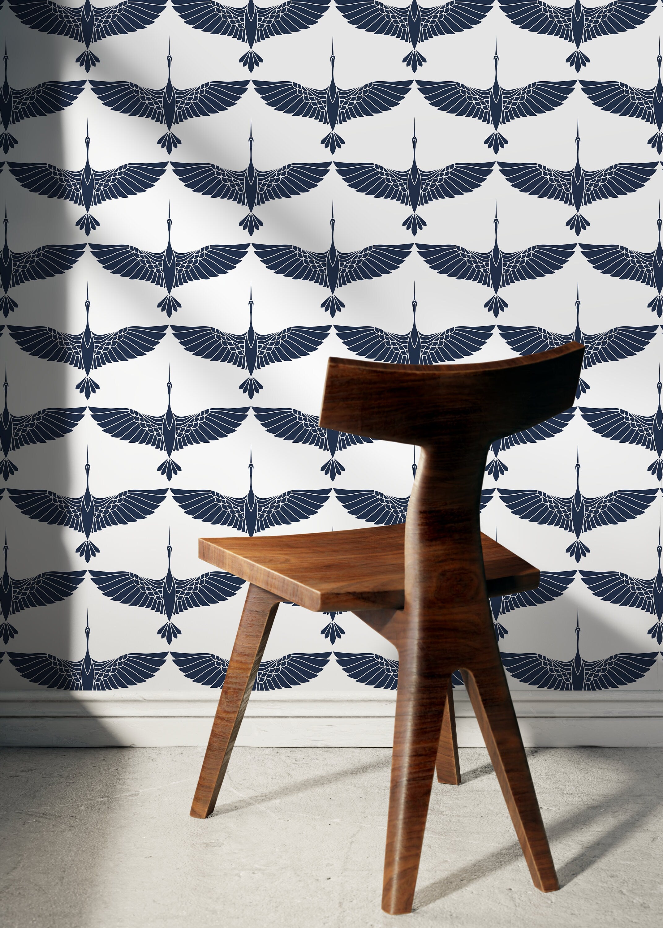 Art Deco Wallpaper With Flying Cranes In Navy Blue And Light Grey - D083