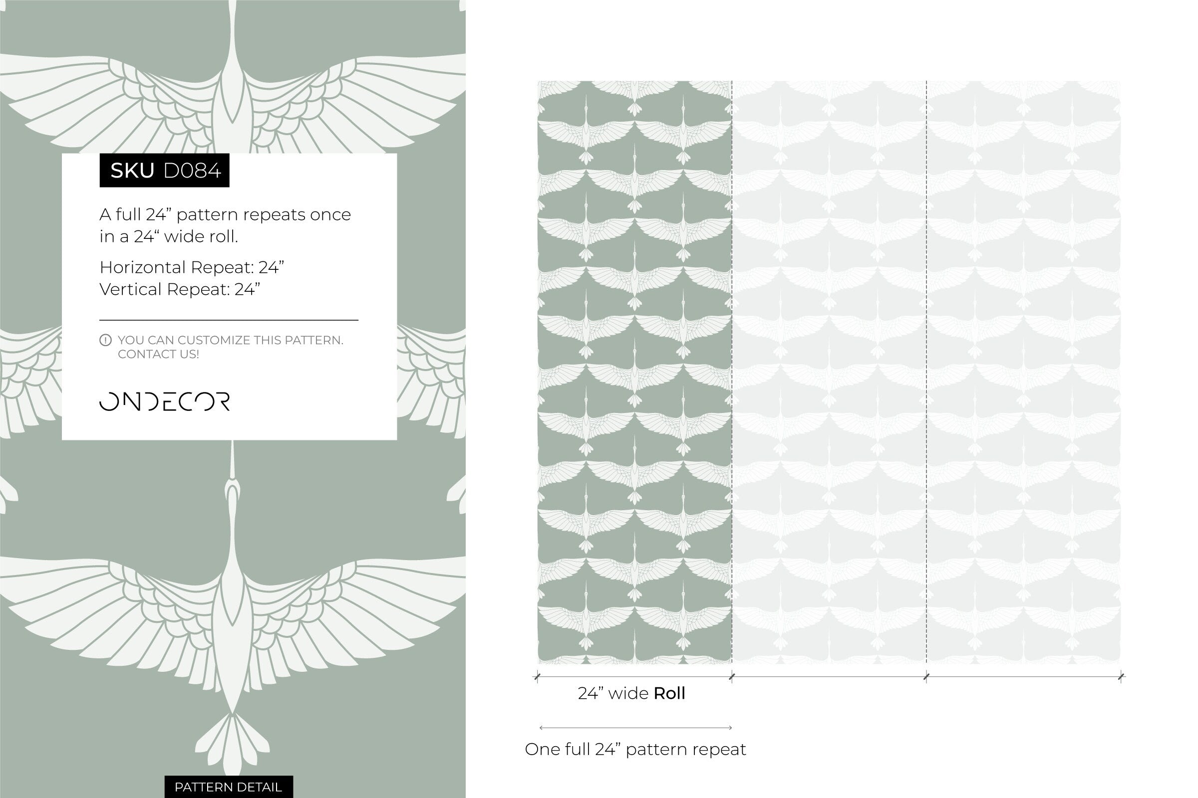 Art Deco Wallpaper With A Stylized Crane Motif In Sage Green And White - D084