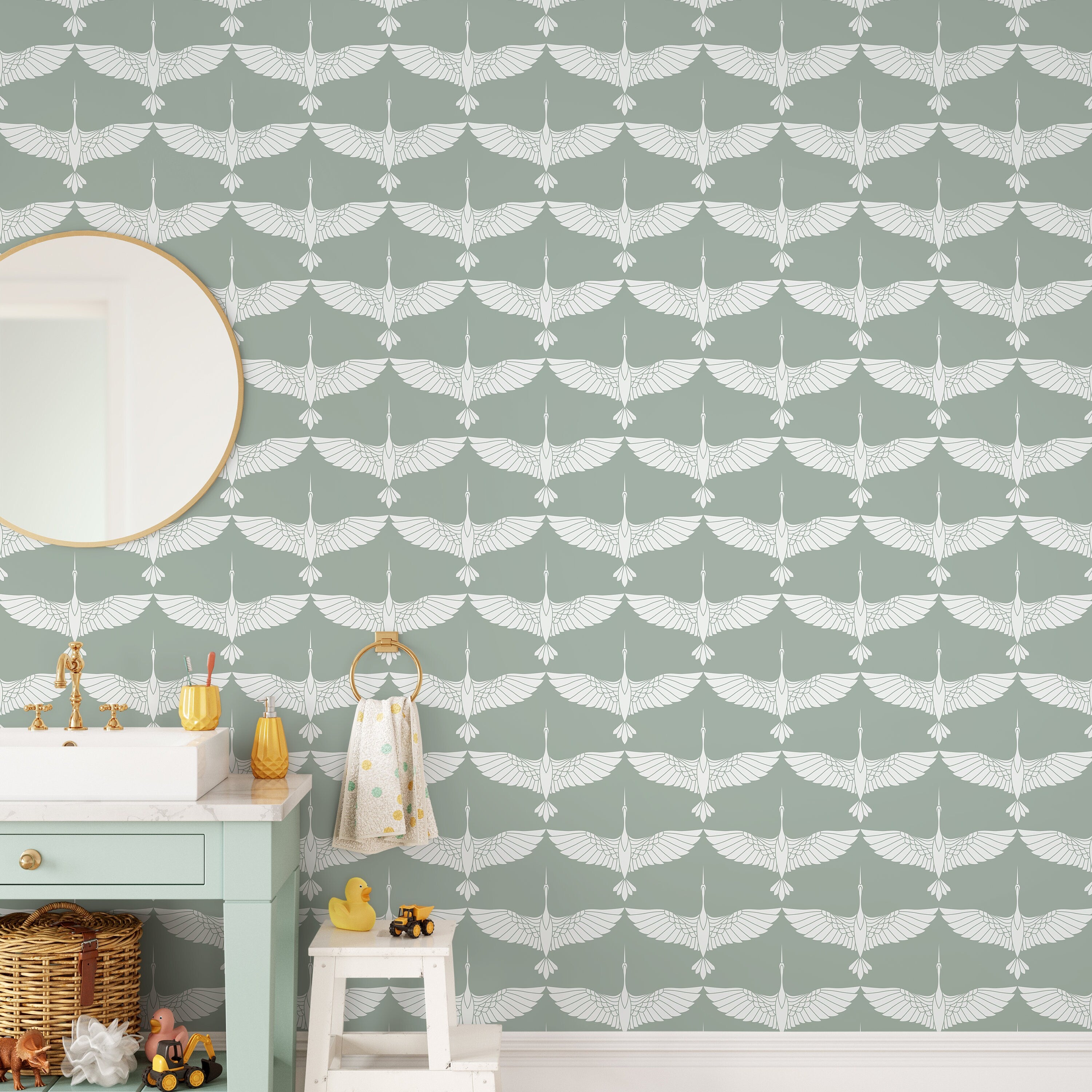 Art Deco Wallpaper With A Stylized Crane Motif In Sage Green And White - D084