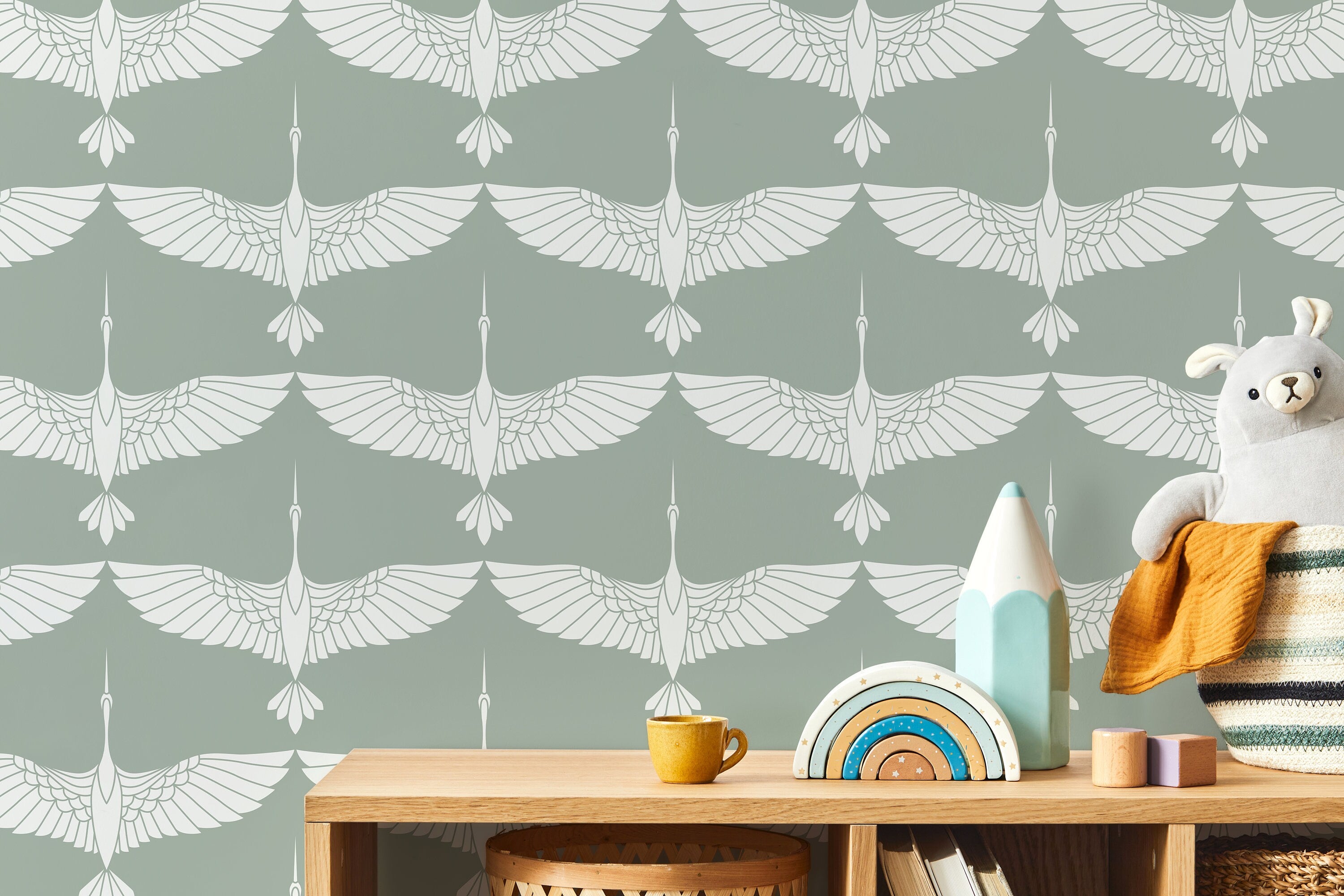 Art Deco Wallpaper With A Stylized Crane Motif In Sage Green And White - D084