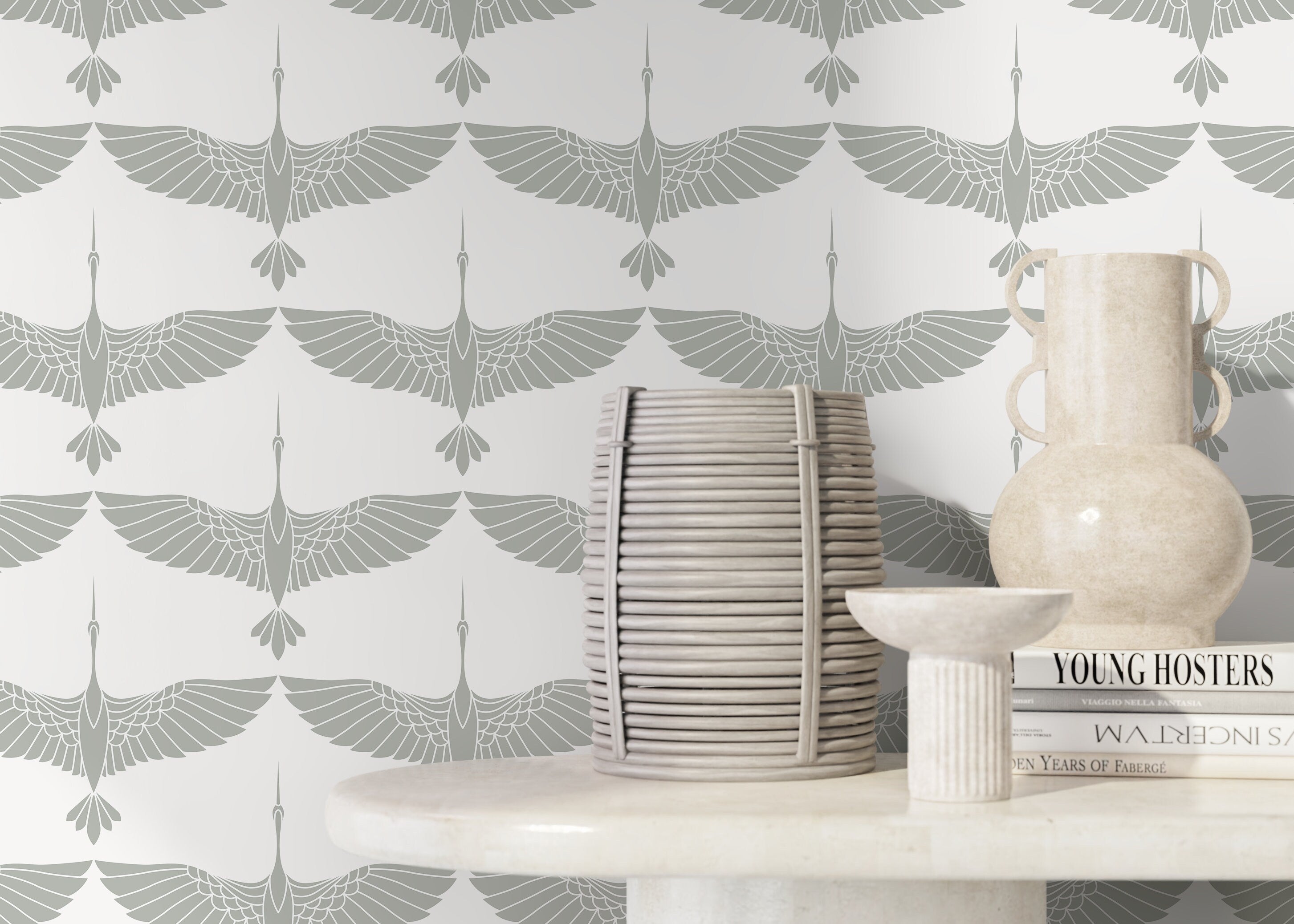 Art Deco Wallpaper With A Stylized Crane Pattern In Gray - Cc-d086