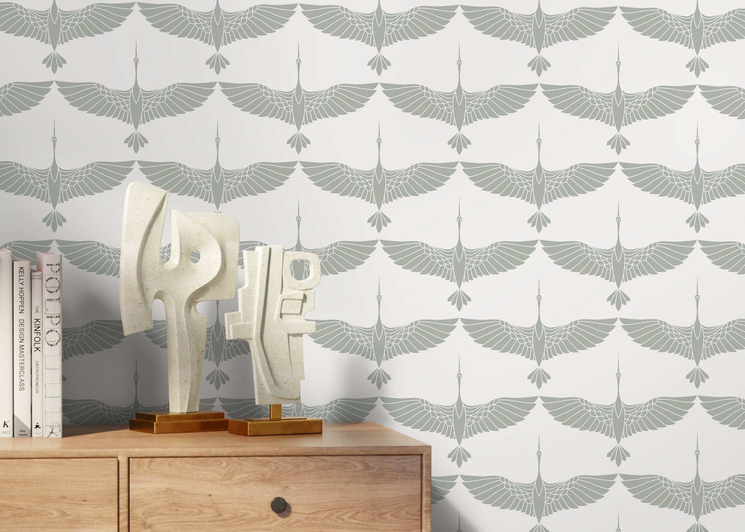 Art Deco Wallpaper With A Stylized Crane Pattern In Gray - Cc-d086
