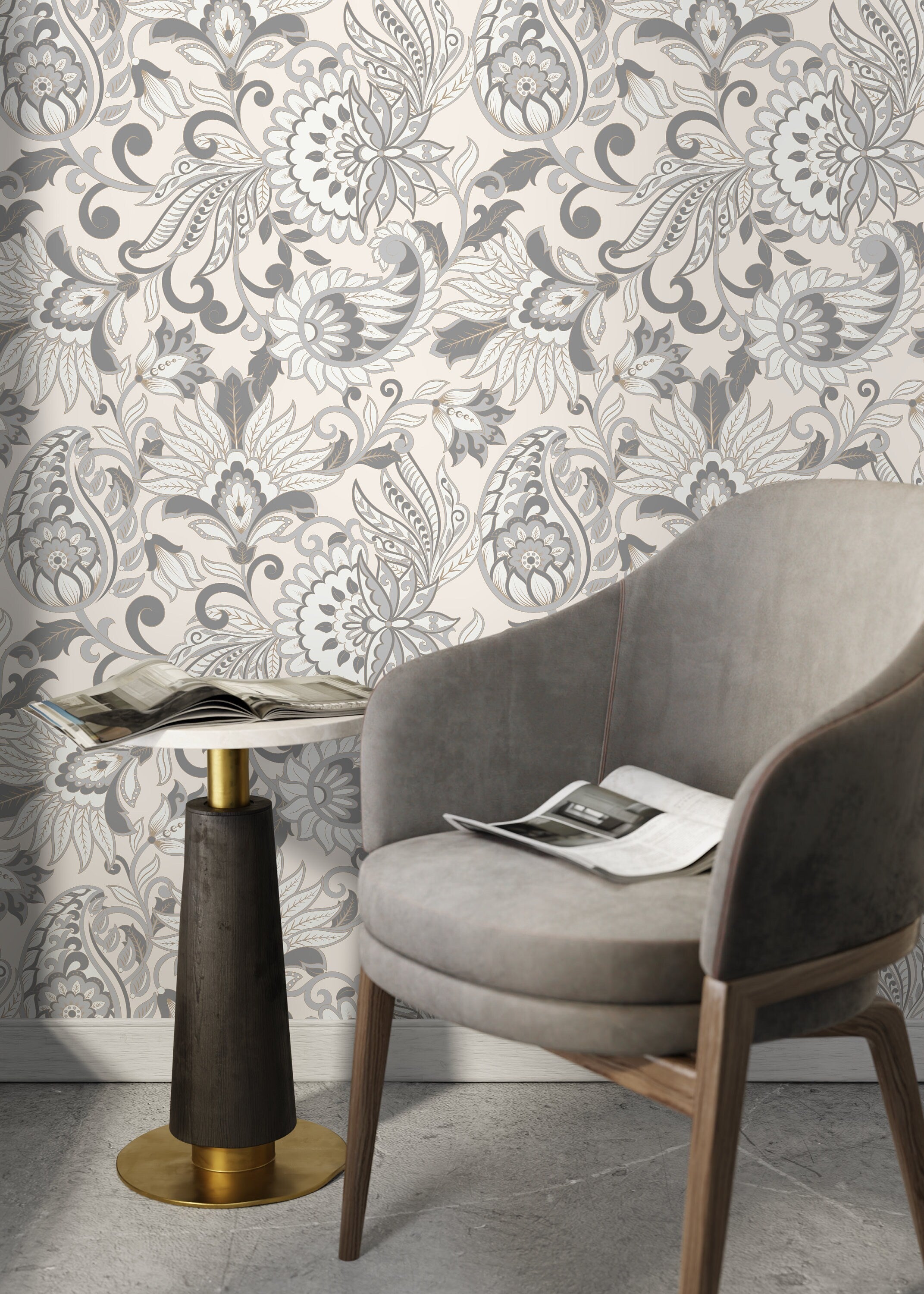 Victorian Wallpaper With An Elegant Paisley Damask In Gray And Beige - D088