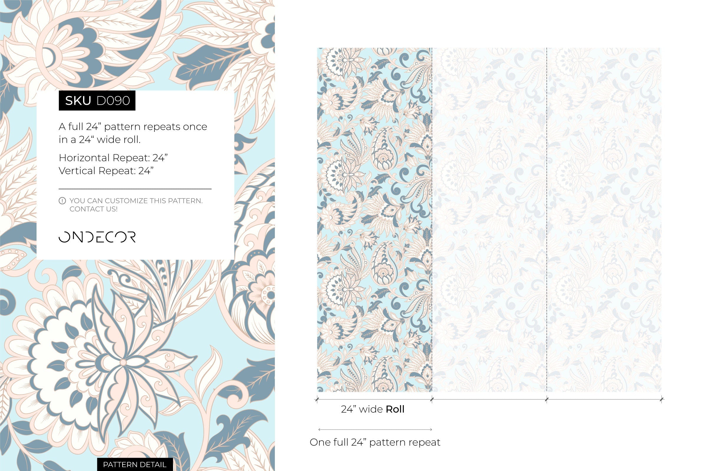 Vintage Floral Wallpaper With A Damask Motif In Light Blue And Pink - D090