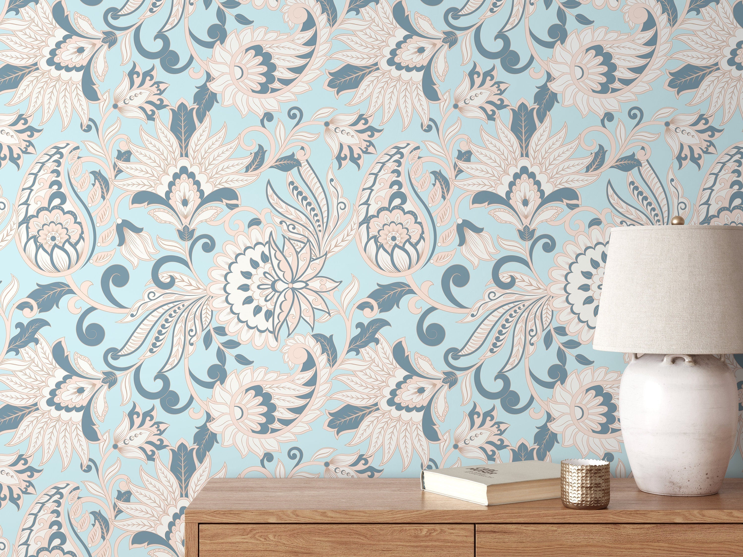 Vintage Floral Wallpaper With A Damask Motif In Light Blue And Pink - D090