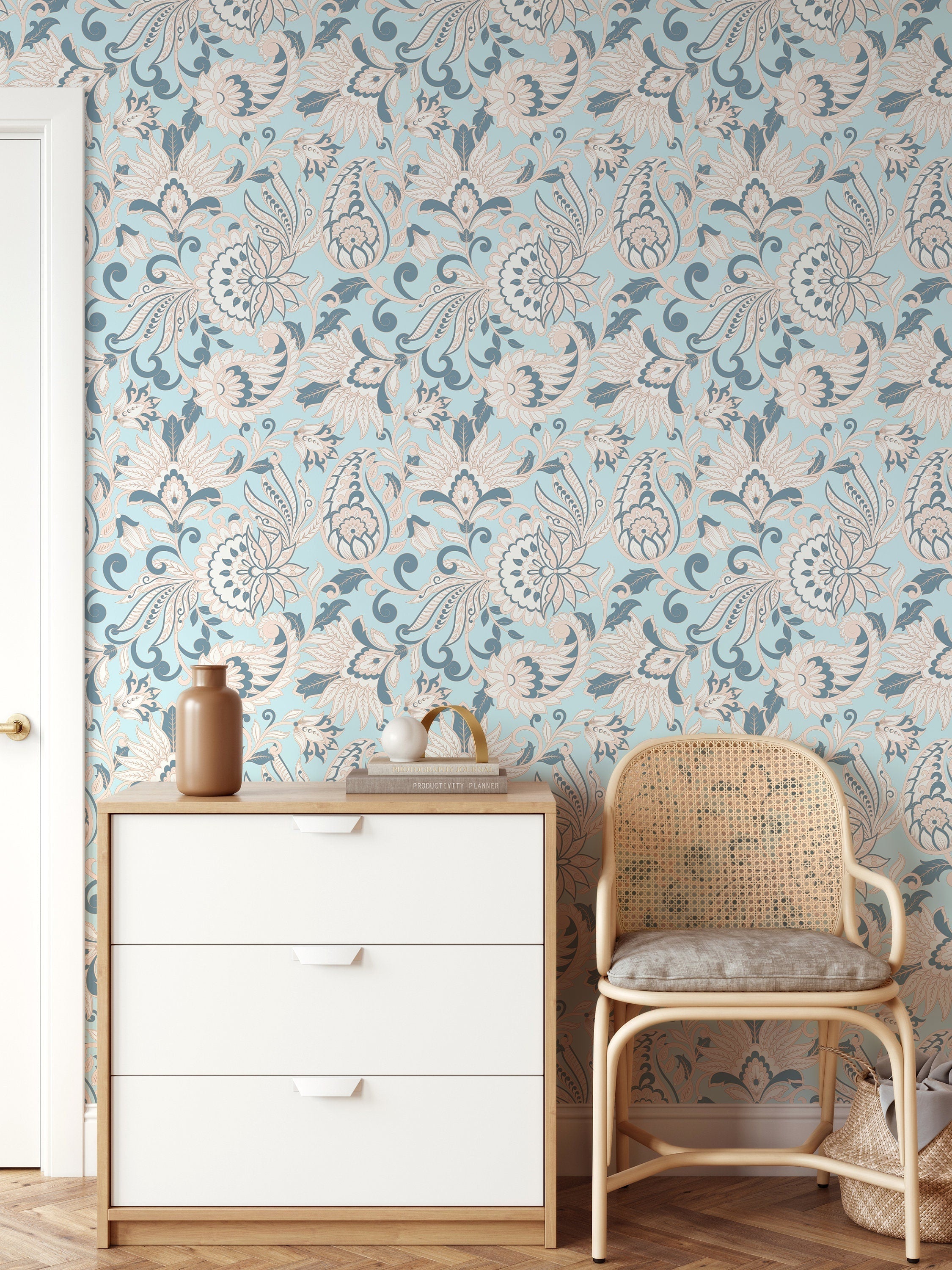 Vintage Floral Wallpaper With A Damask Motif In Light Blue And Pink - D090