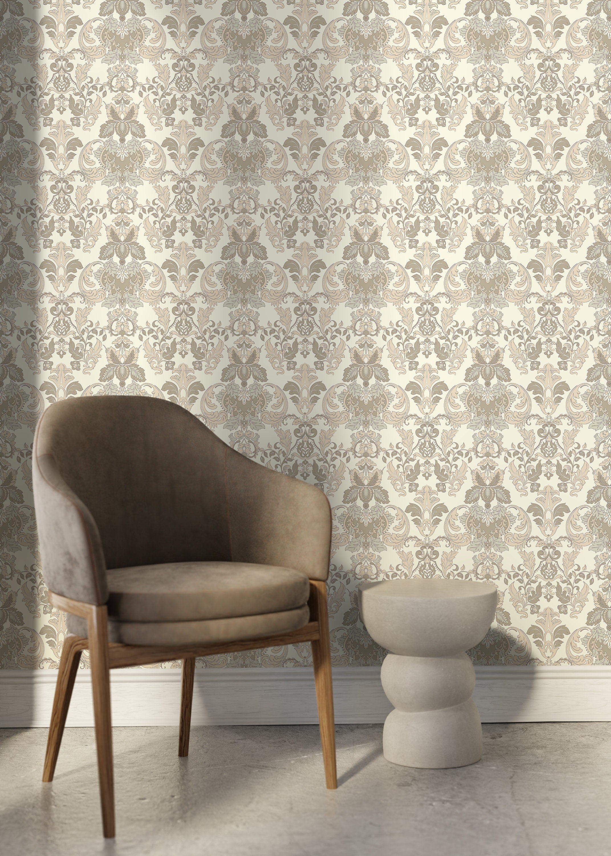 Damask Wallpaper With An Intricate Victorian Motif In Cream, Beige, And Taupe - D093