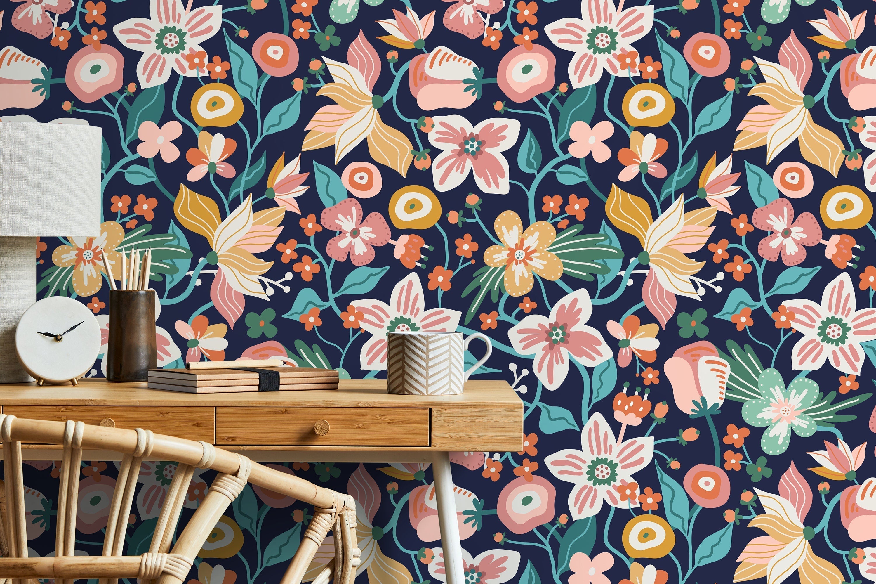 Floral Wallpaper With Stylized Garden Blooms In Pink, Orange, And Teal - D119