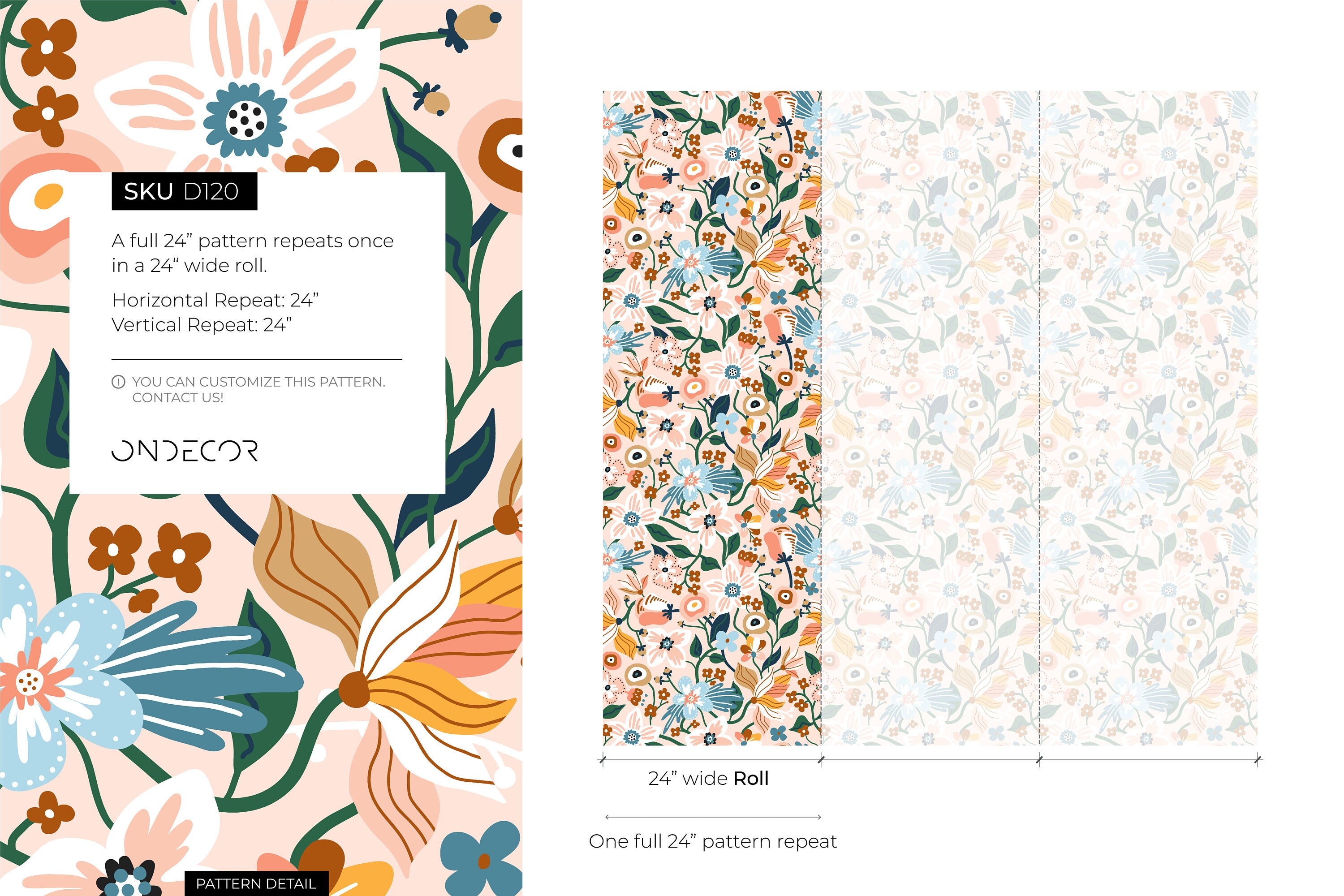 Floral Wallpaper With A Folk Art Garden Motif In Pink, Blue, And Green - D120