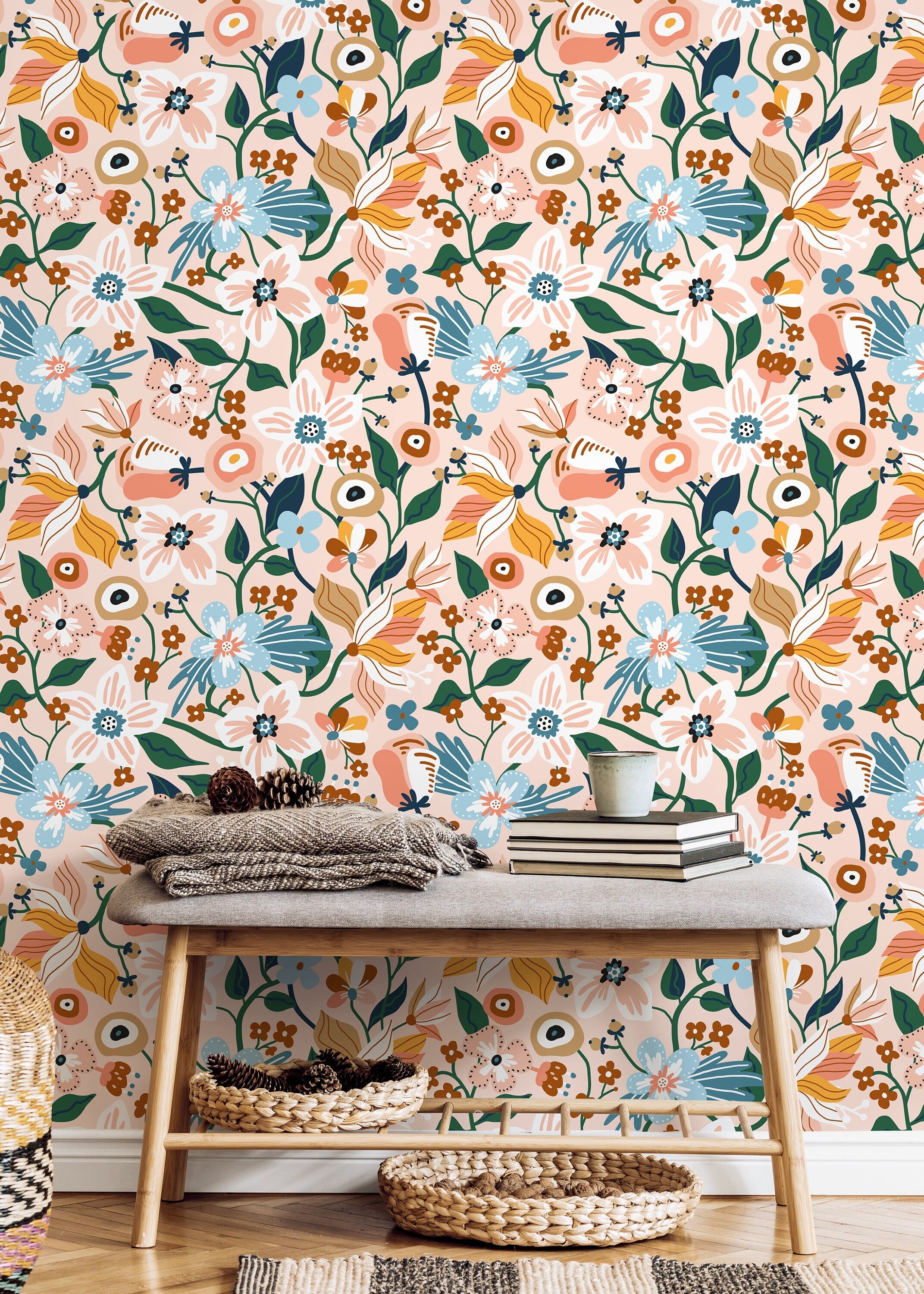 Floral Wallpaper With A Folk Art Garden Motif In Pink, Blue, And Green - D120