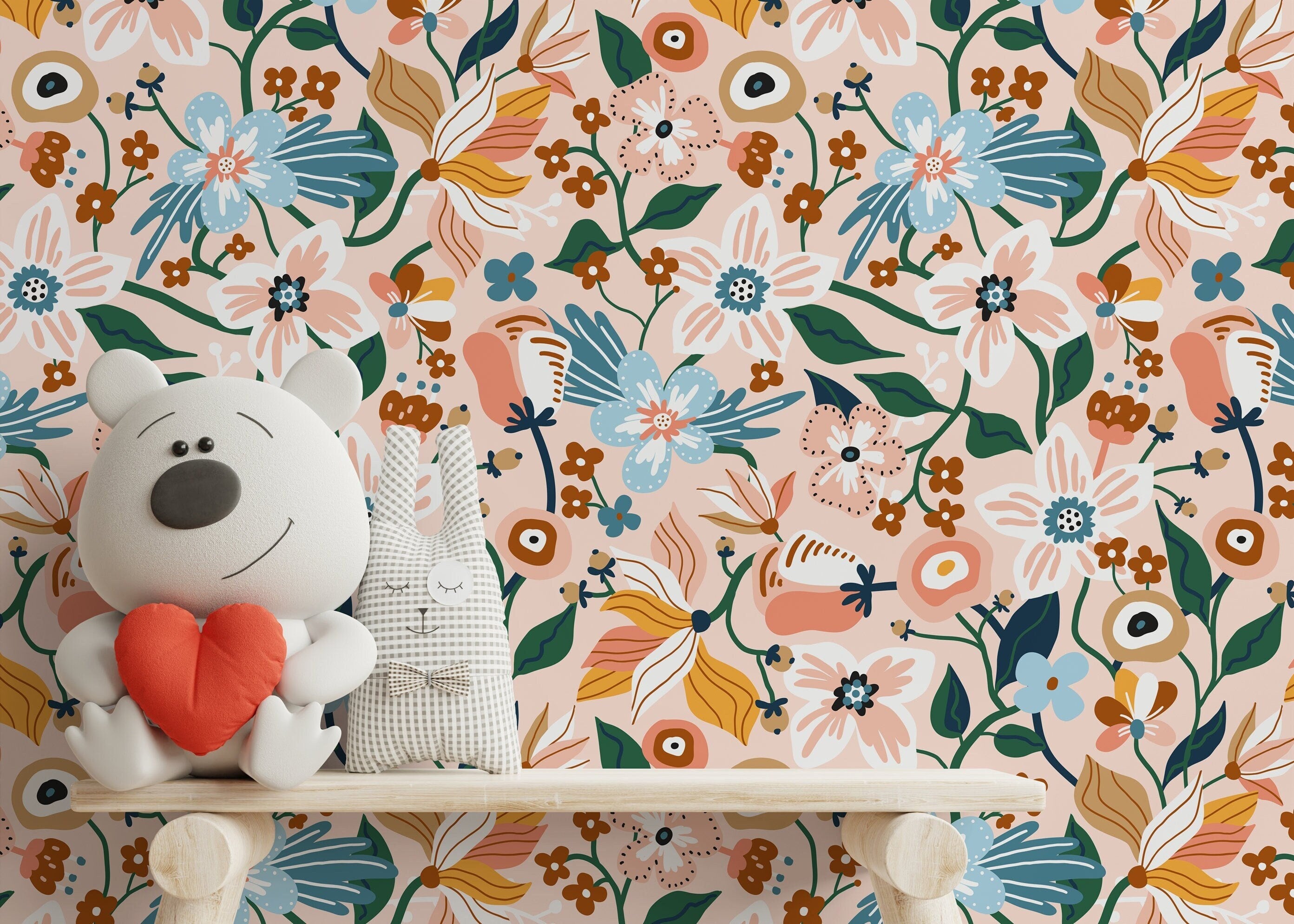 Floral Wallpaper With A Folk Art Garden Motif In Pink, Blue, And Green - D120