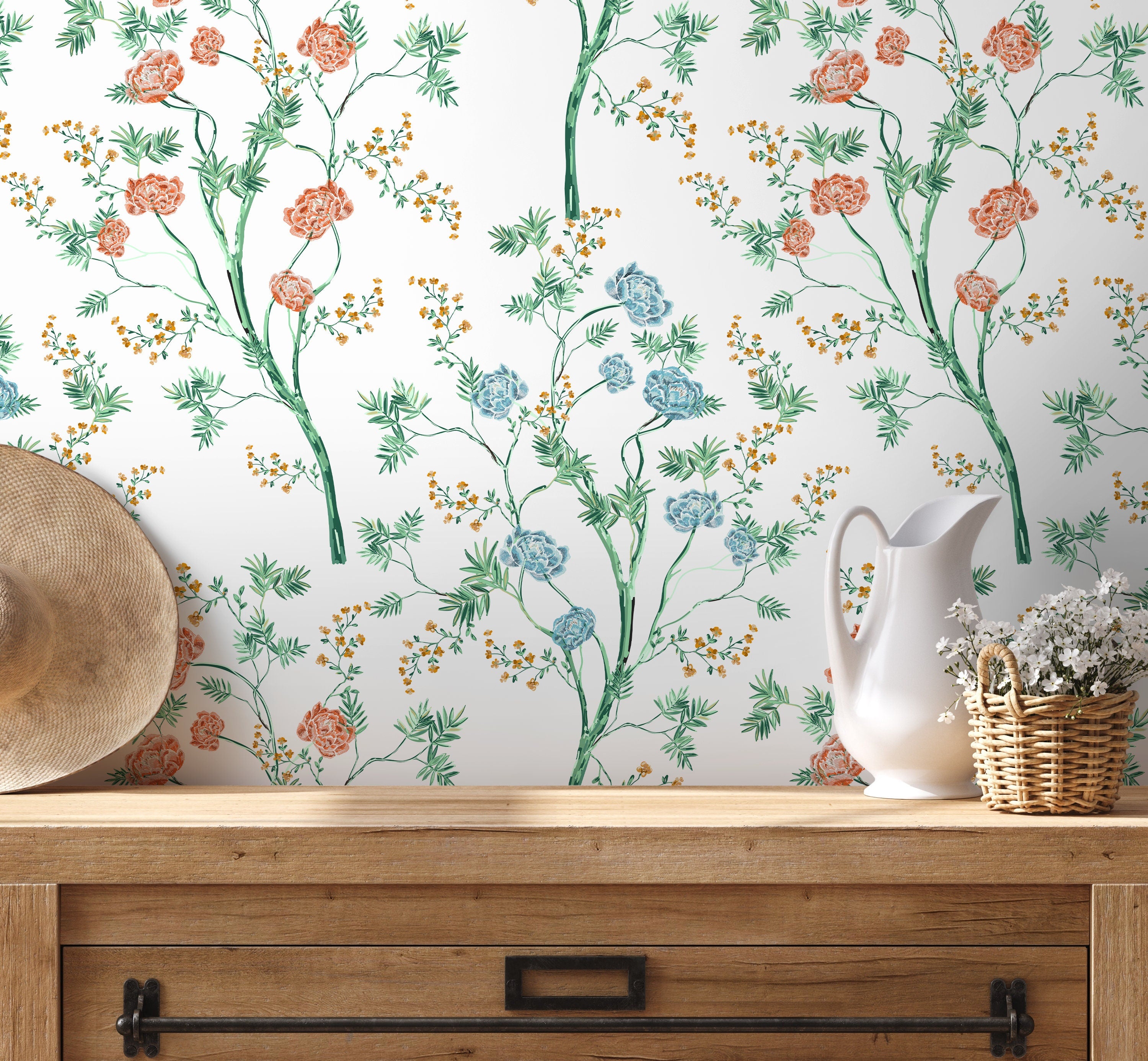 Botanical Wallpaper With Painted Floral Trees In Green, Coral, And Blue - D121