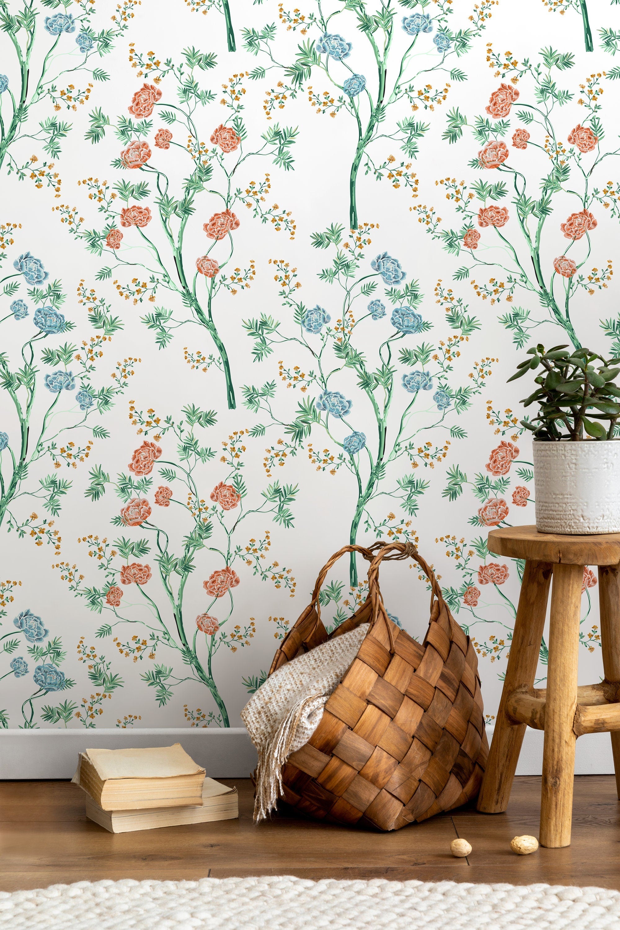Botanical Wallpaper With Painted Floral Trees In Green, Coral, And Blue - D121