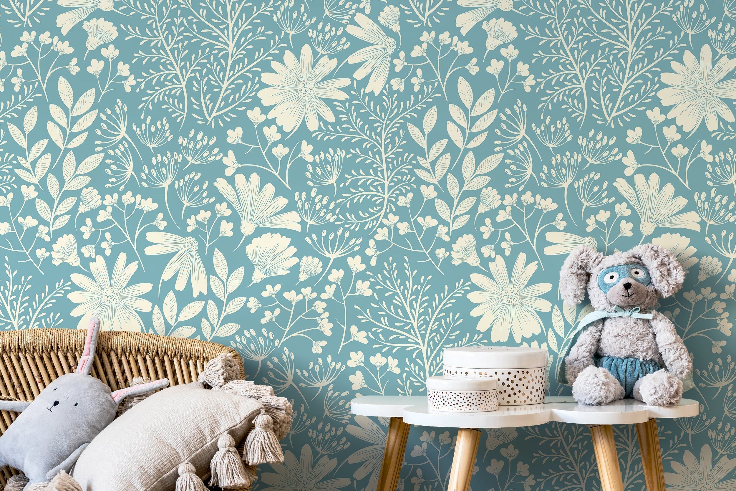 Botanical Wallpaper With Stylized Wildflowers In Light Blue And Cream - D131