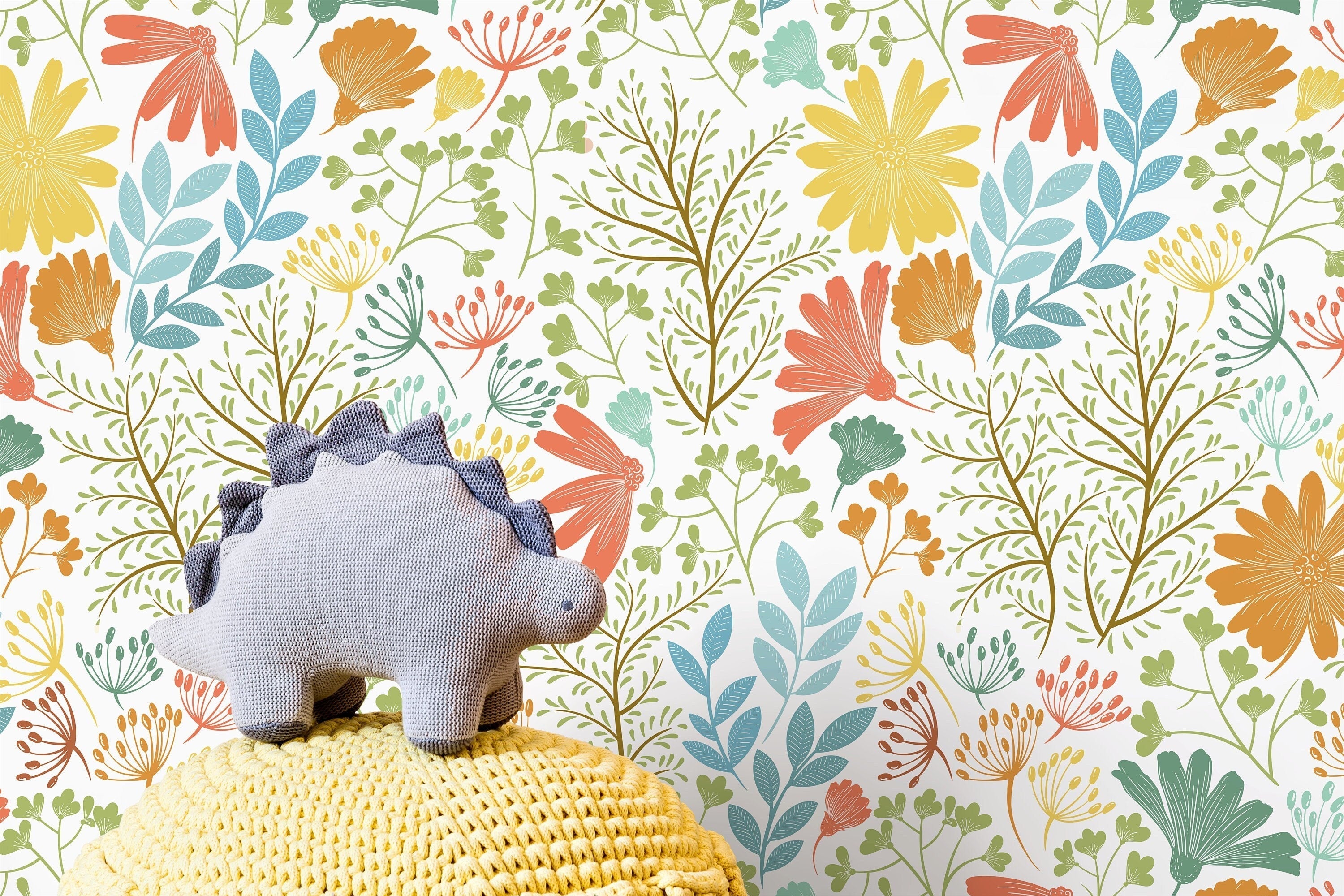 Floral Wallpaper Featuring Stylized Wildflowers In Orange, Yellow, And Blue - D132