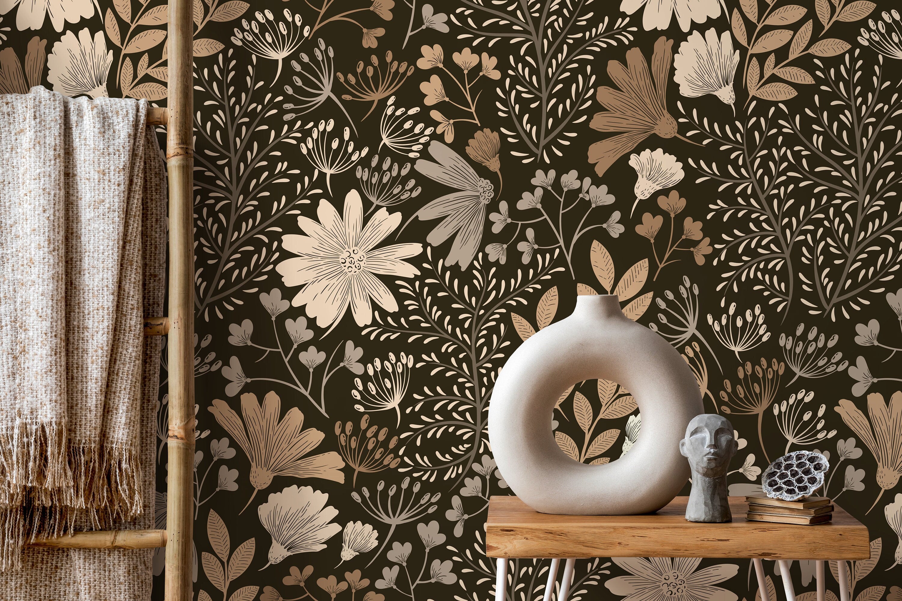 Floral Wallpaper Featuring A Boho Wildflower Meadow In Brown And Beige - D133