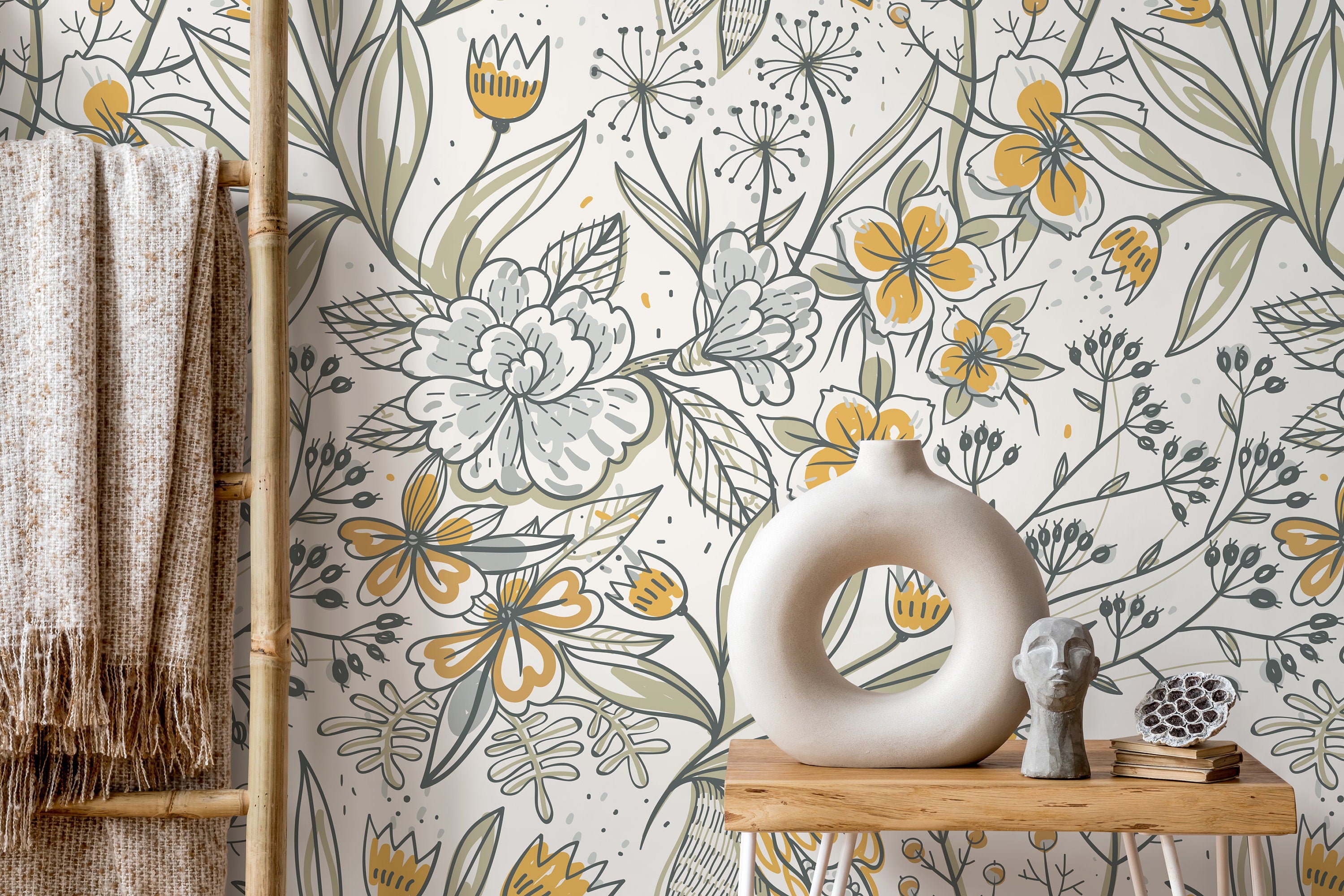 Floral Wallpaper With Hand-drawn Botanicals In Yellow, Green, And Grey - D140