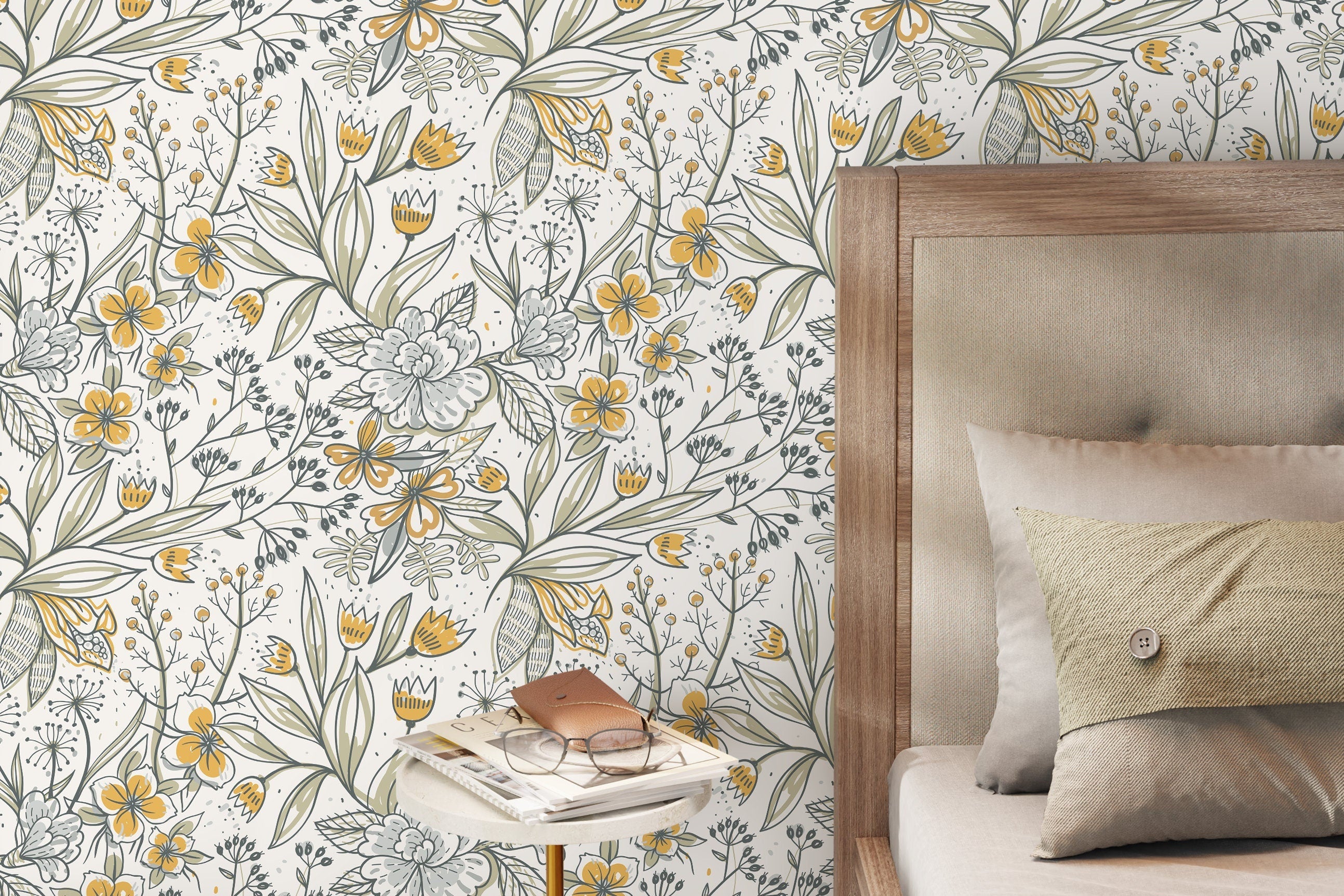 Floral Wallpaper With Hand-drawn Botanicals In Yellow, Green, And Grey - D140