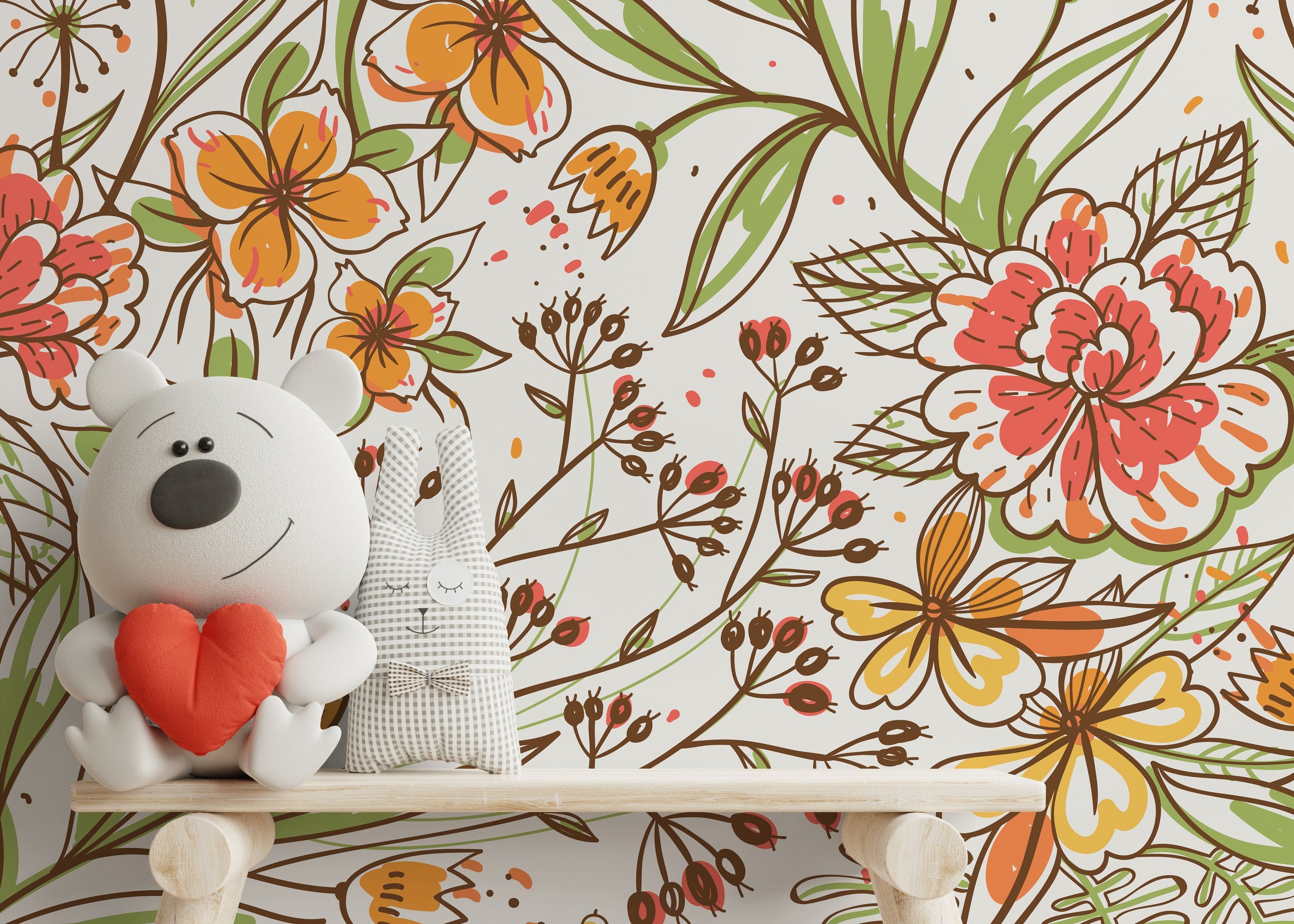 Floral Wallpaper With Hand-drawn Wildflowers In Orange, Red, And Green - D141