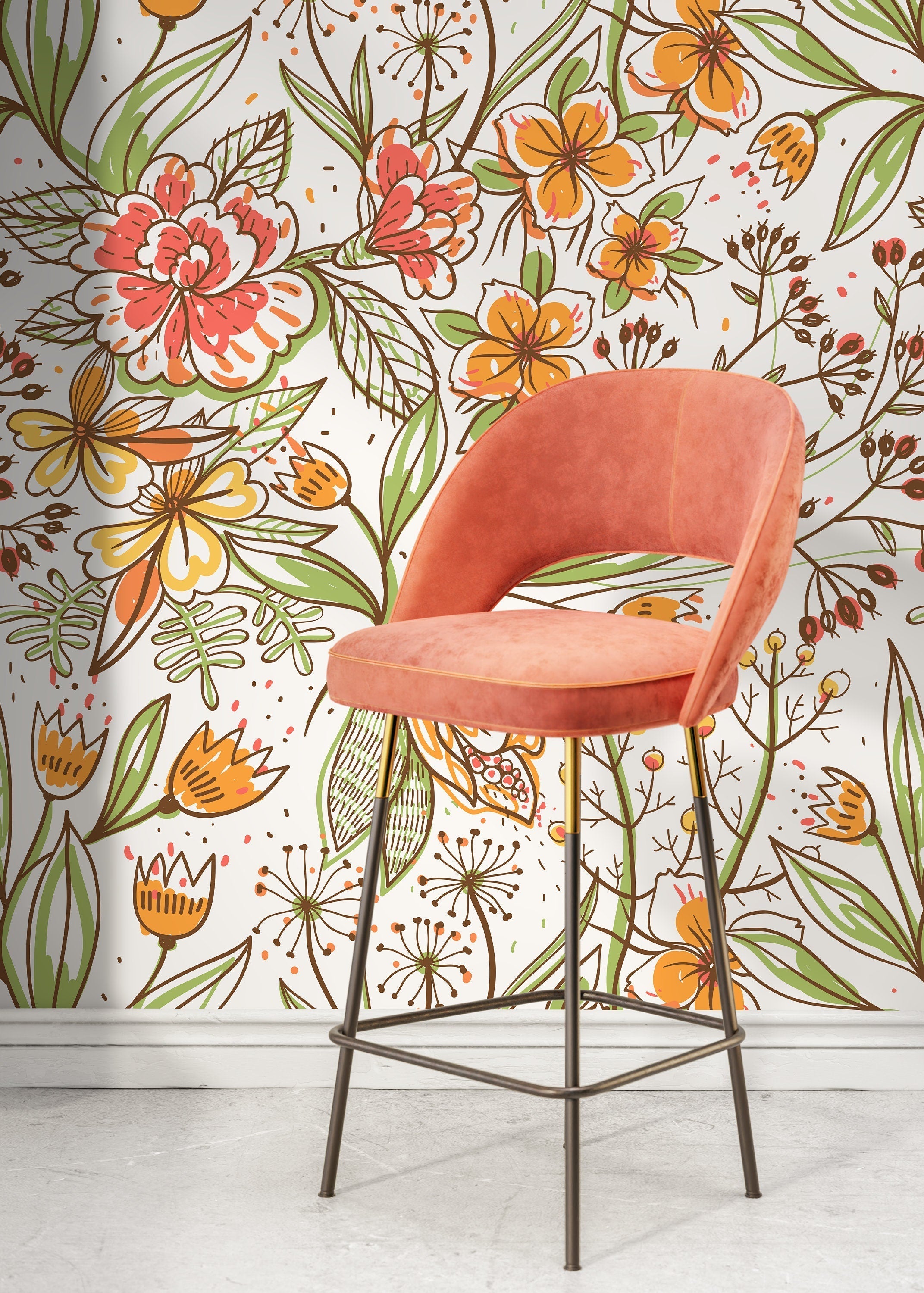 Floral Wallpaper With Hand-drawn Wildflowers In Orange, Red, And Green - D141
