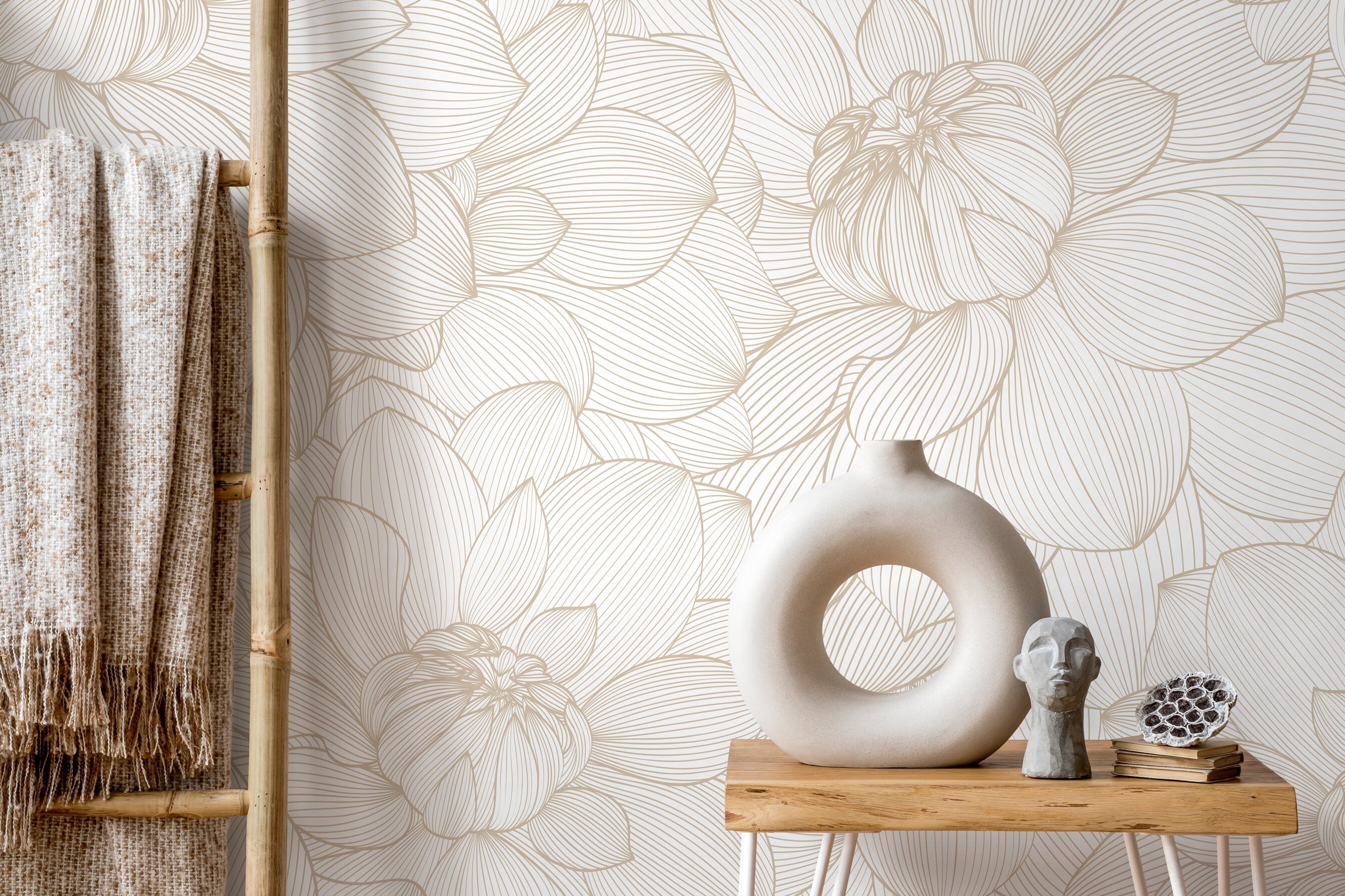 Floral Wallpaper With A Neutral Peony Line Art In Beige And Cream - D144