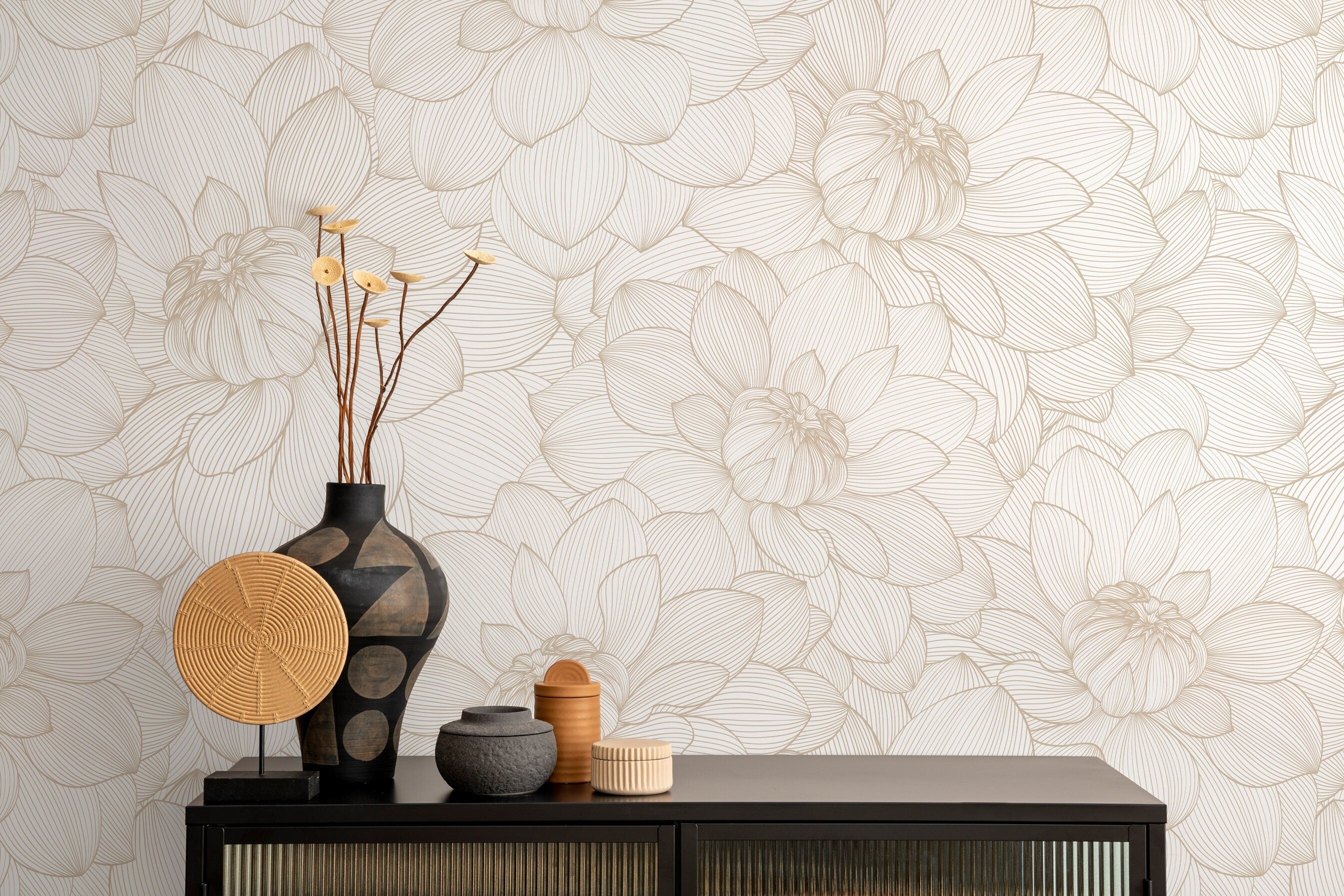 Floral Wallpaper With A Neutral Peony Line Art In Beige And Cream - D144