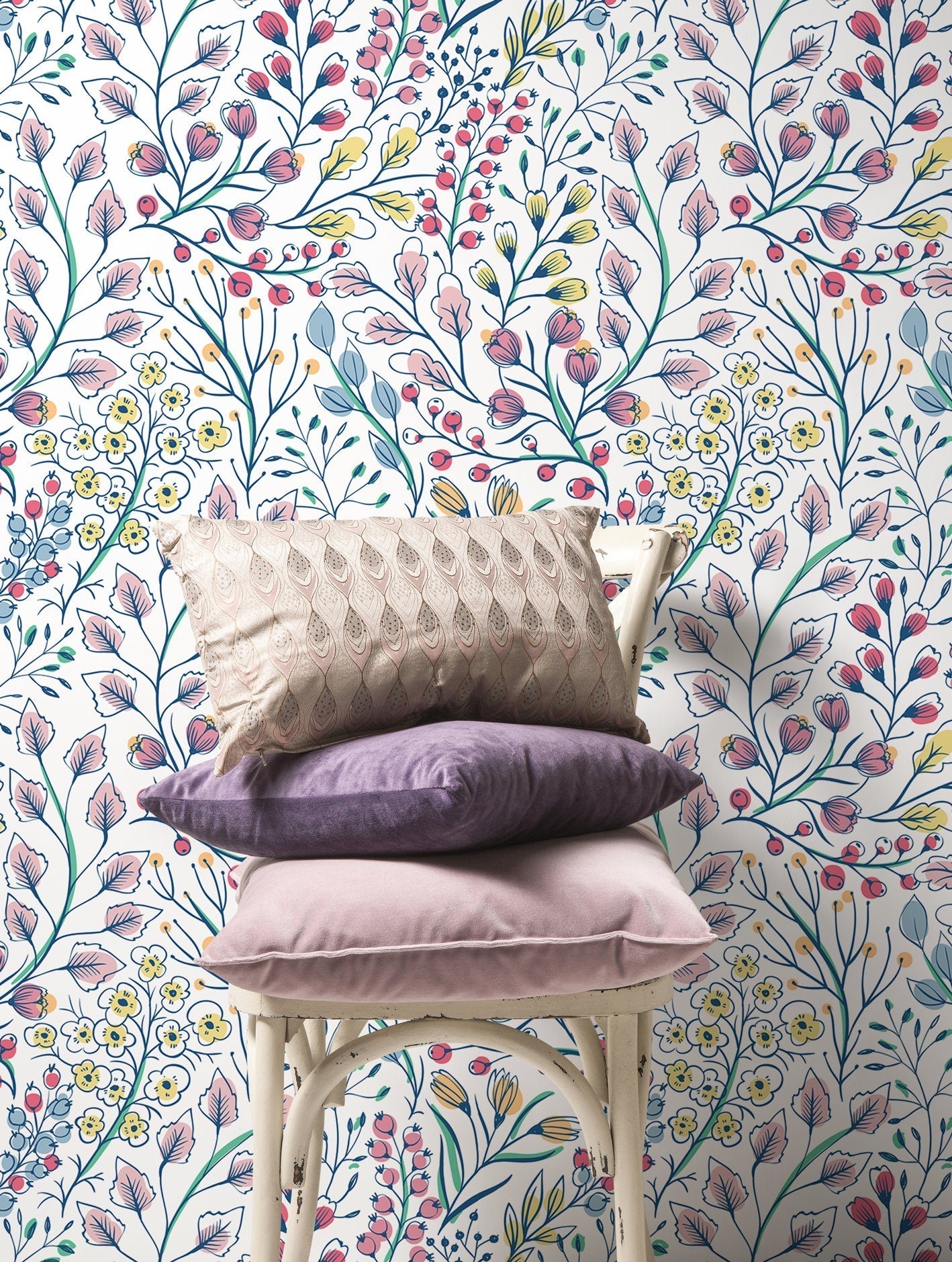 Wildflower Wallpaper With Illustrated Berries In Pink, Blue, And Yellow - D146
