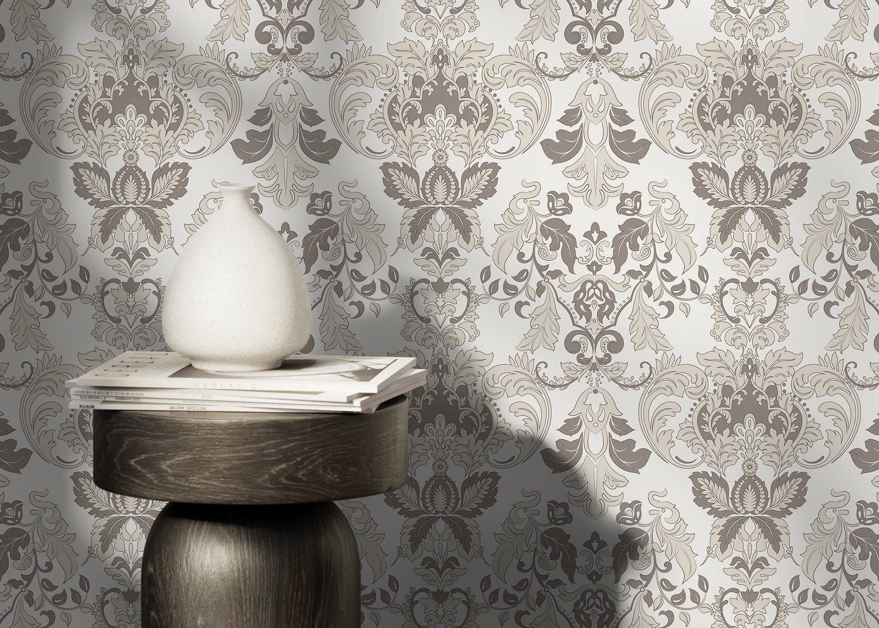 Damask Wallpaper With A Victorian Floral Motif In Taupe And Beige - D098