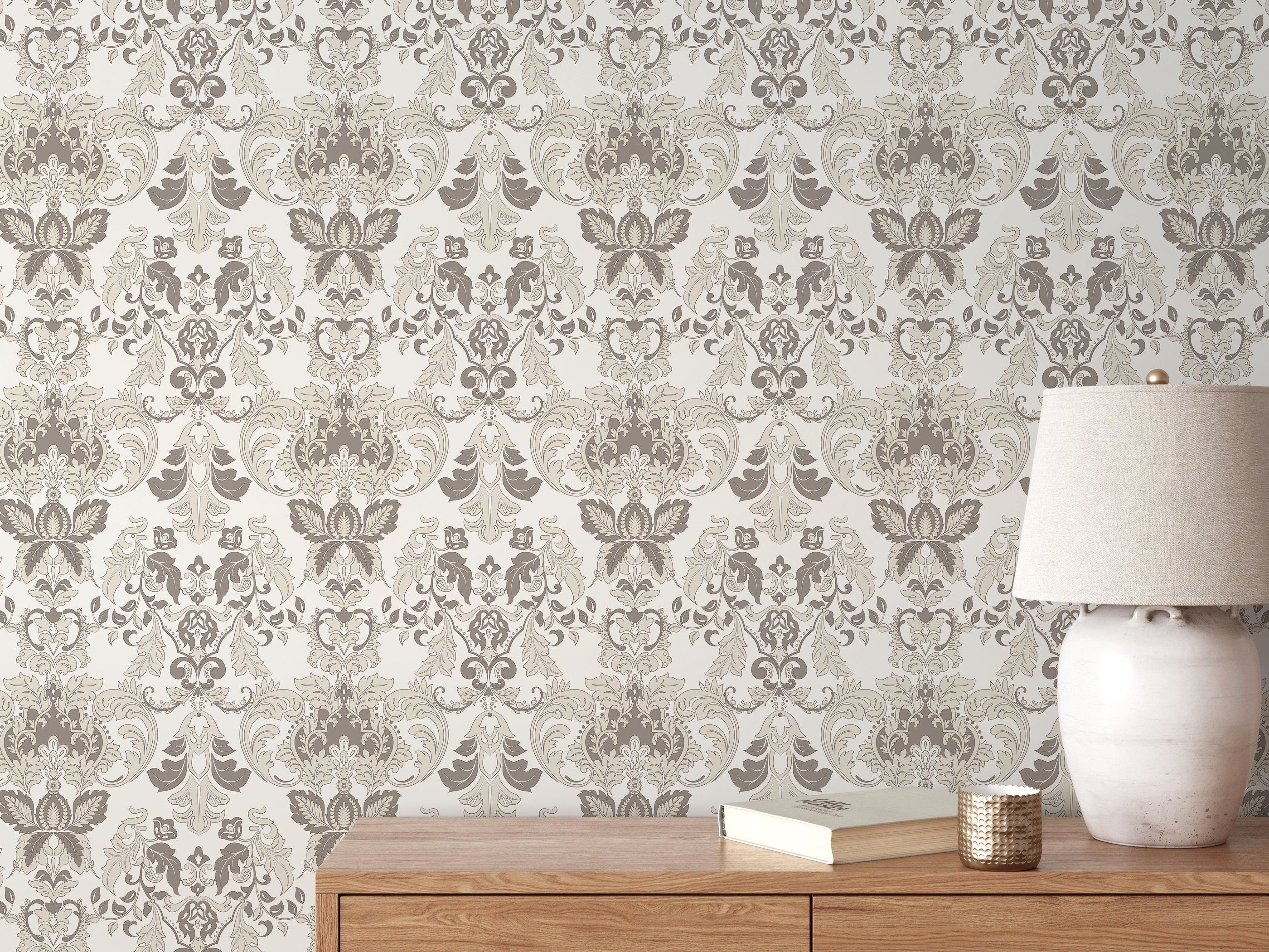 Damask Wallpaper With A Victorian Floral Motif In Taupe And Beige - D098