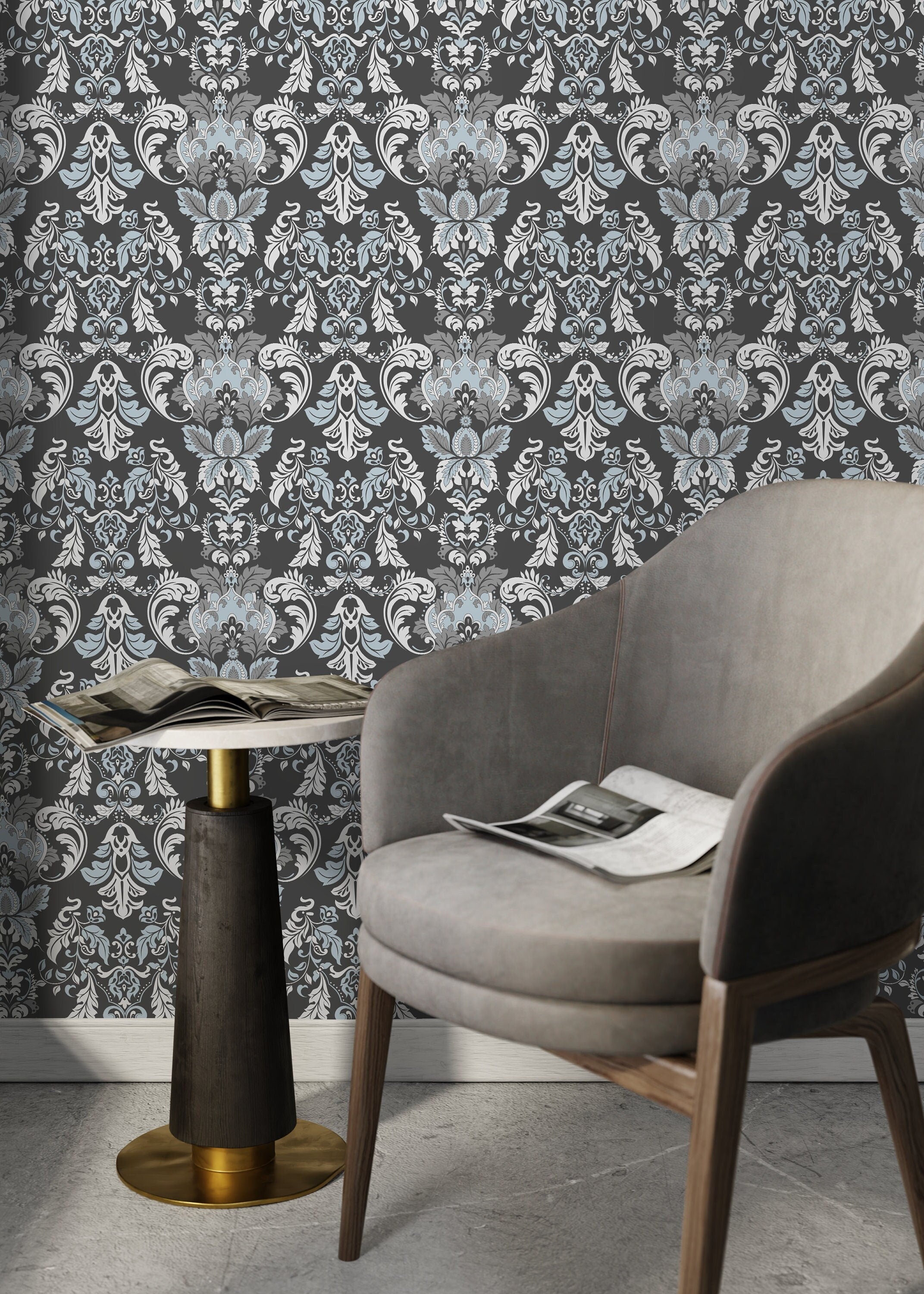 Victorian Wallpaper With An Intricate Damask Motif In Charcoal, Blue, And Gray - D099