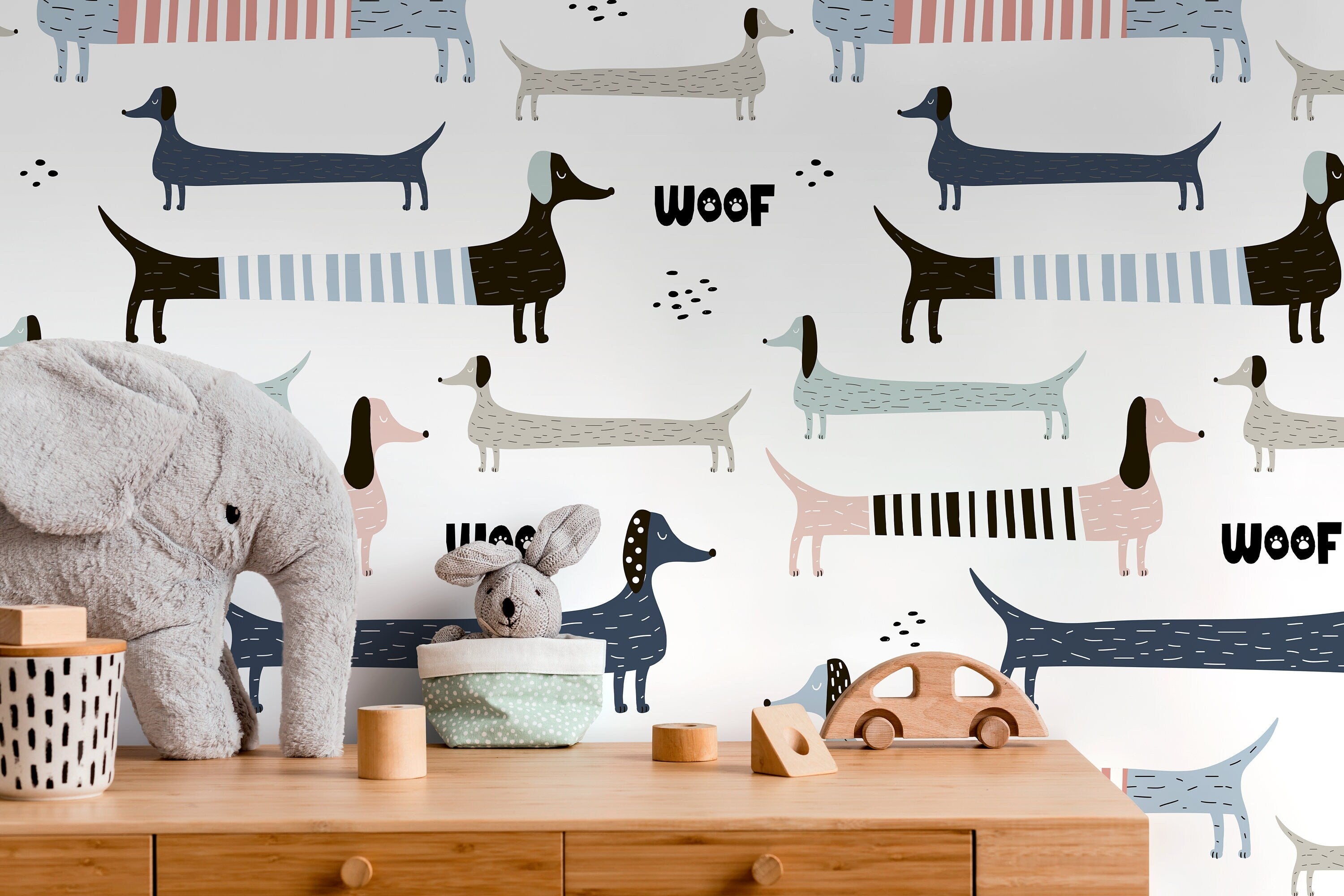 Kids Wallpaper Featuring Whimsical Dachshunds In Blue, Pink, And Grey - D100