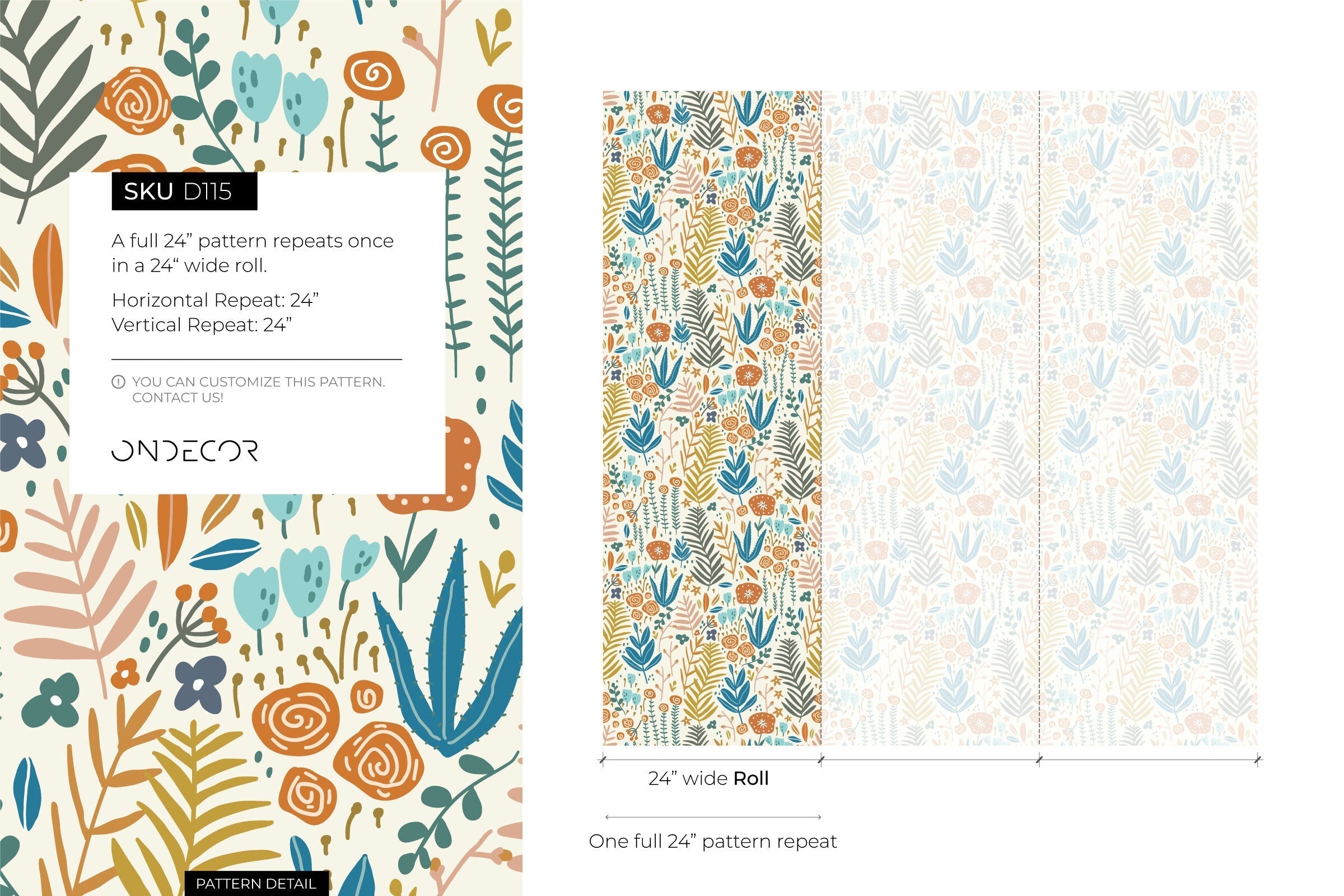 Scandinavian Wildflower Wallpaper With Folk Art Motifs In Teal, Orange, And Yellow - D115