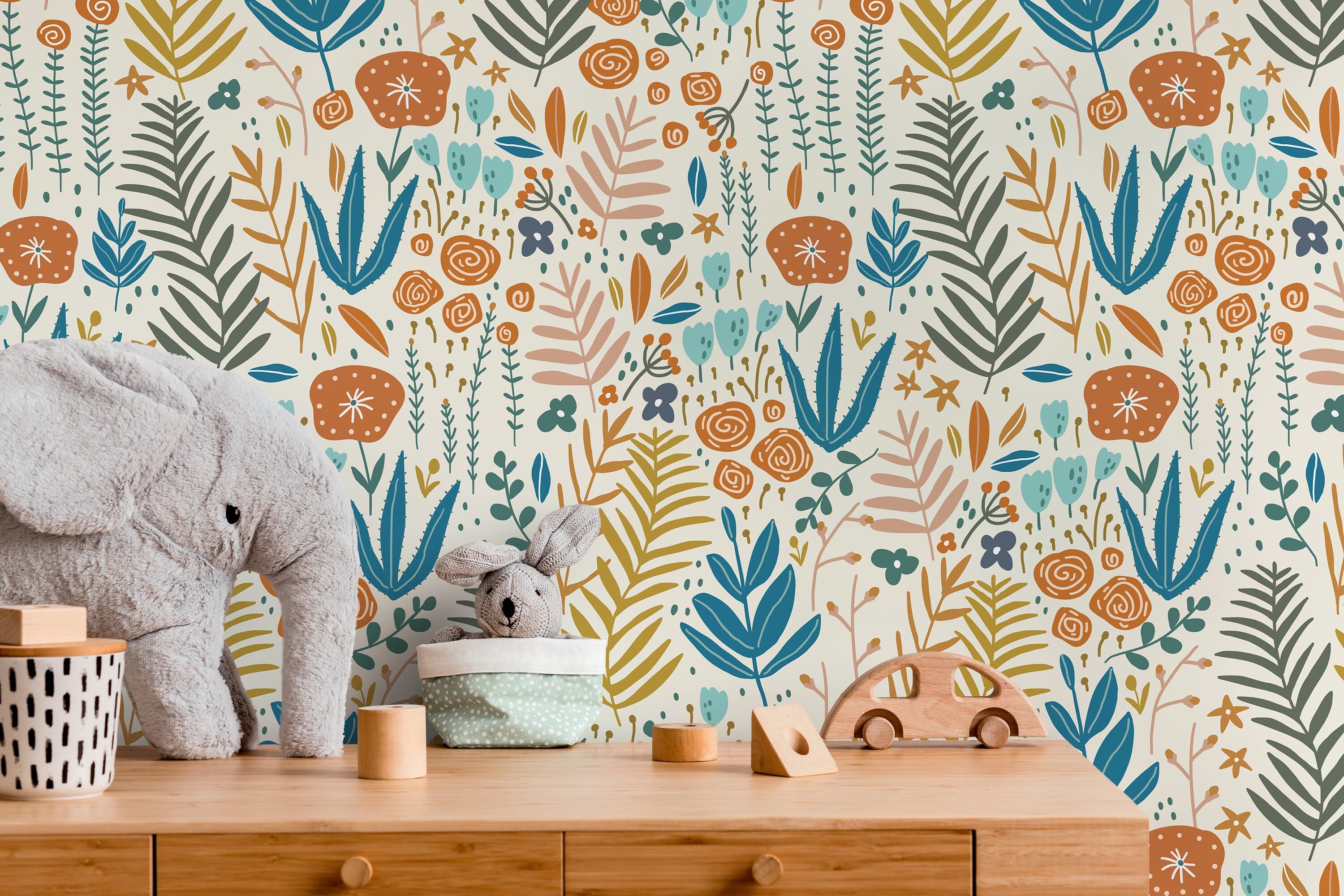 Scandinavian Wildflower Wallpaper With Folk Art Motifs In Teal, Orange, And Yellow - D115