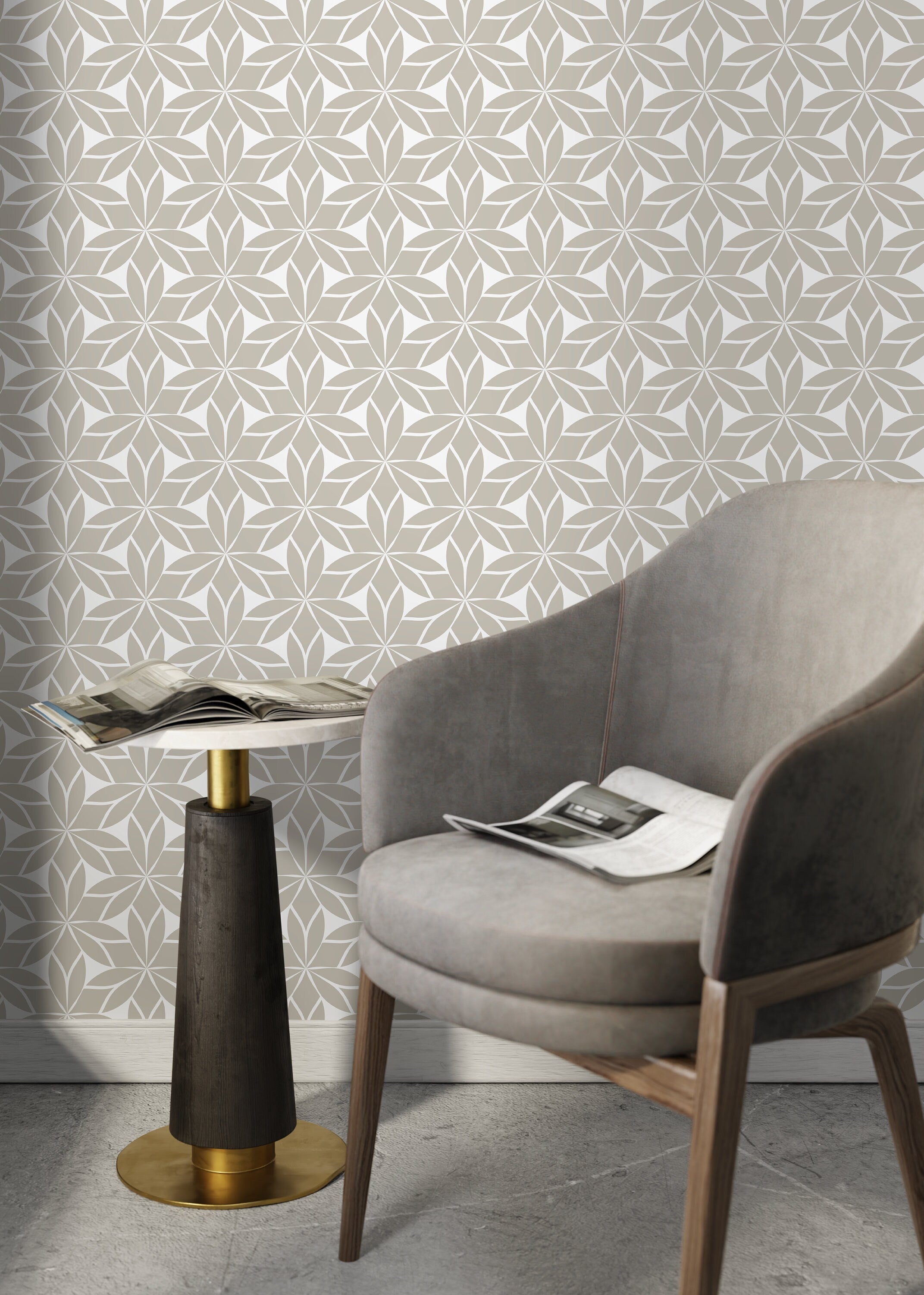 Geometric Wallpaper With A Stylized Floral Motif In Taupe - D174