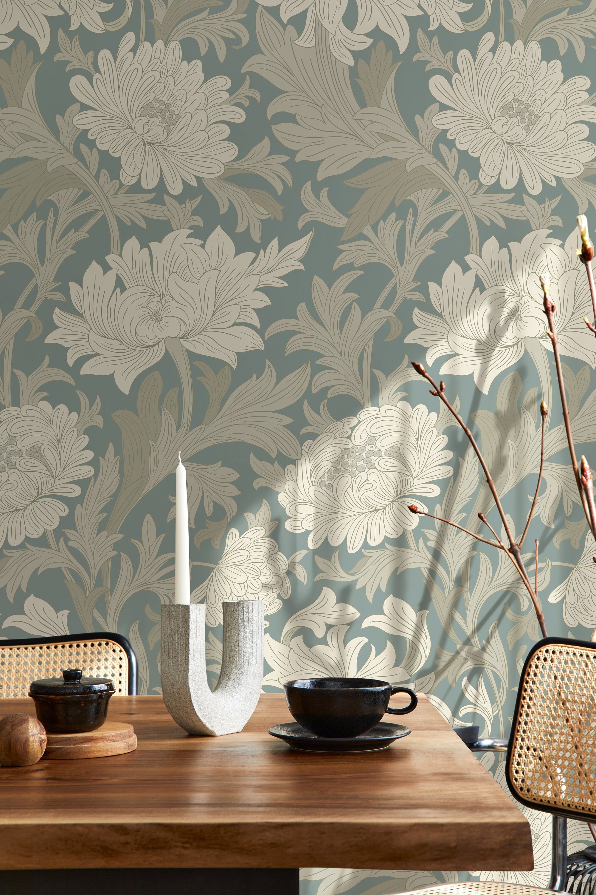 Art Nouveau Wallpaper With Chrysanthemums In Blue, Cream, And Taupe - D187