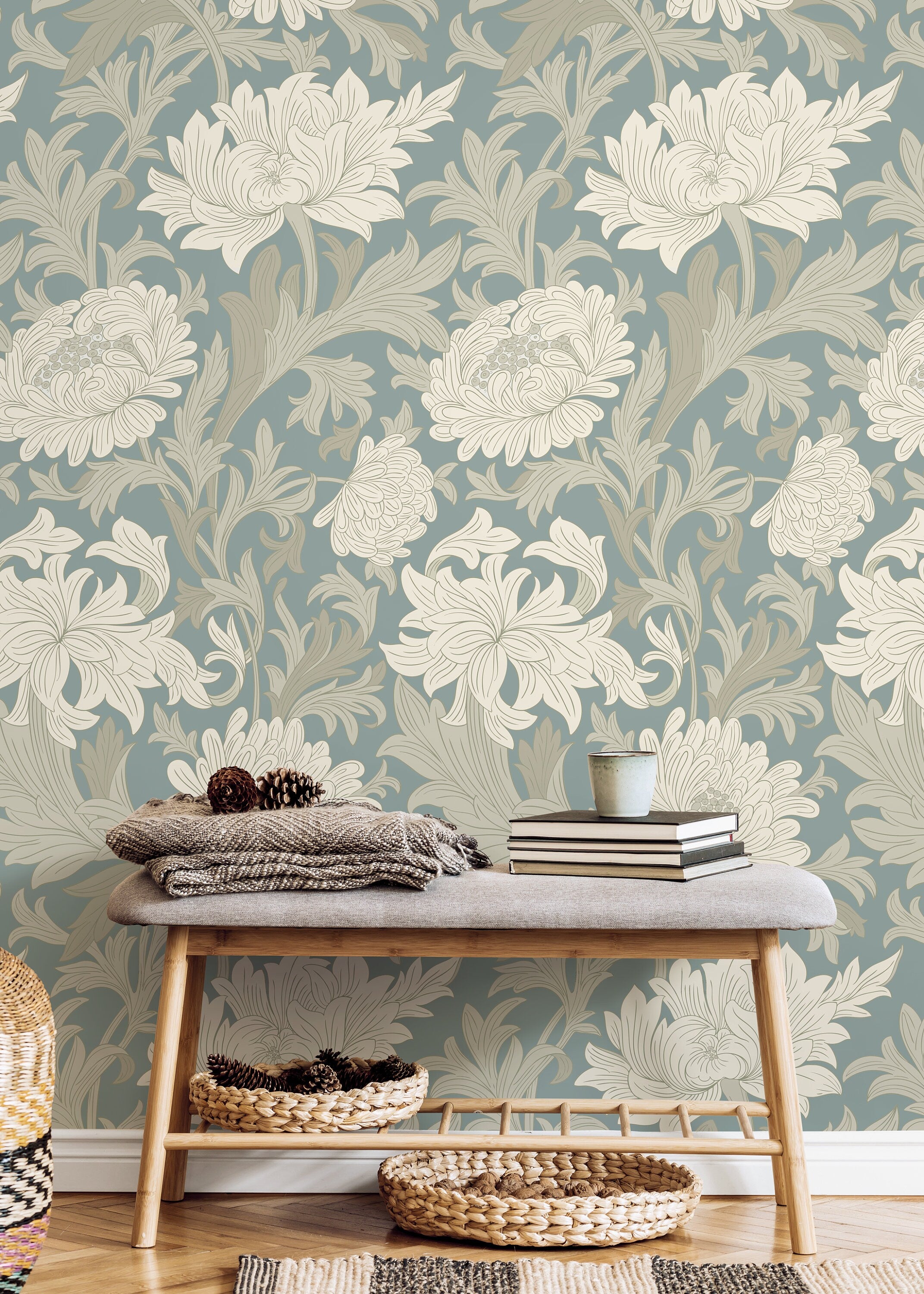 Art Nouveau Wallpaper With Chrysanthemums In Blue, Cream, And Taupe - D187