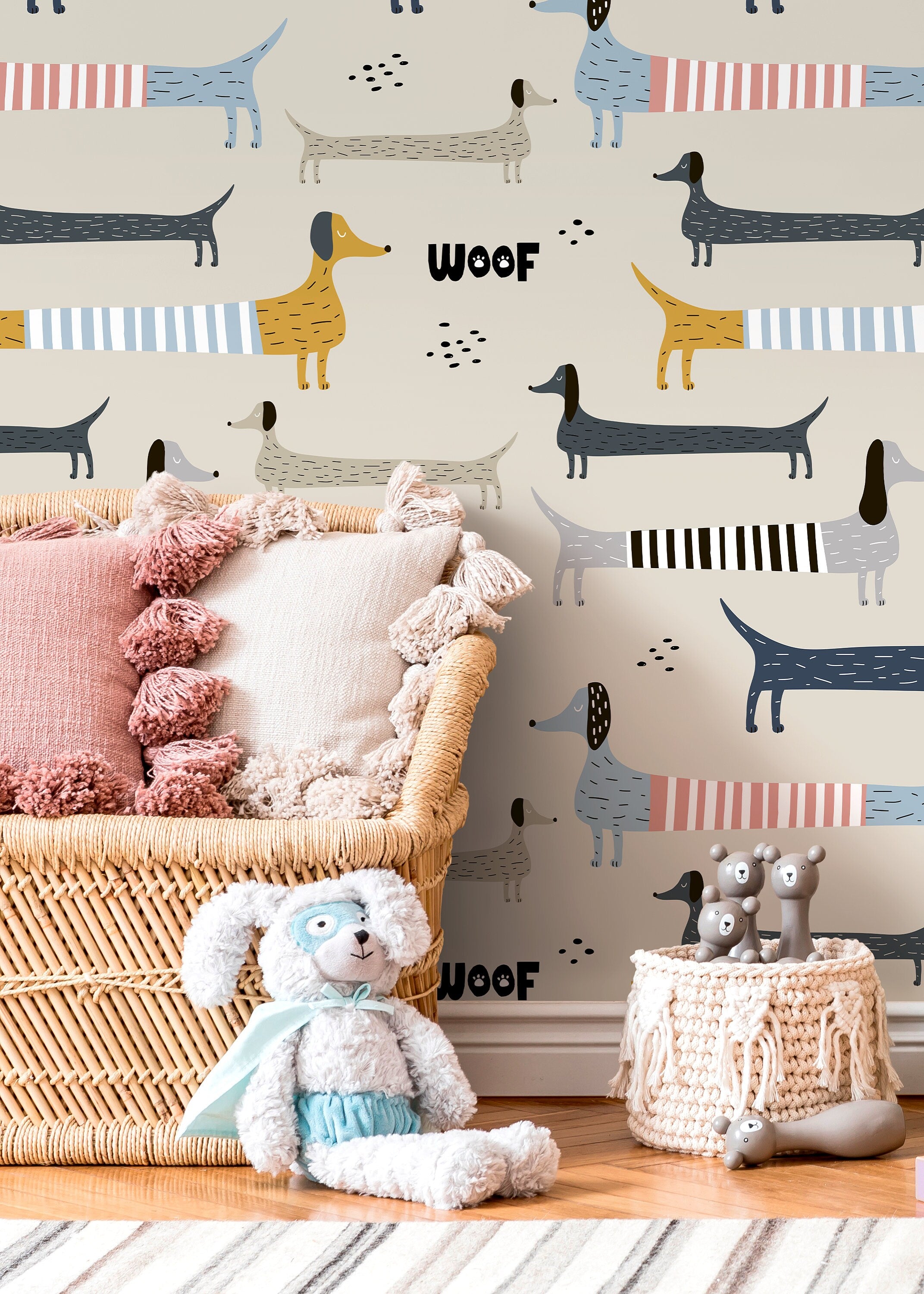 Kids Wallpaper With A Whimsical Dachshund Motif In Blue, Yellow, And Grey - D101
