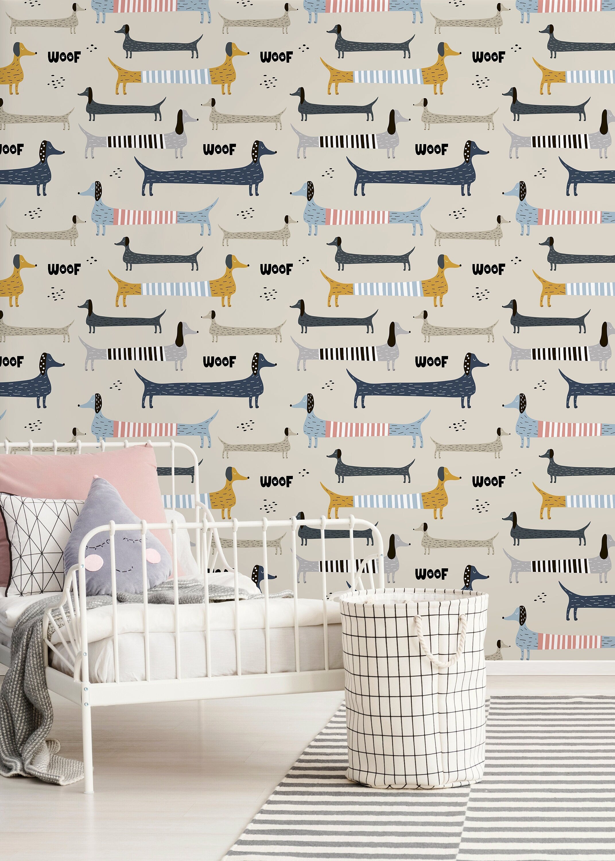 Kids Wallpaper With A Whimsical Dachshund Motif In Blue, Yellow, And Grey - D101