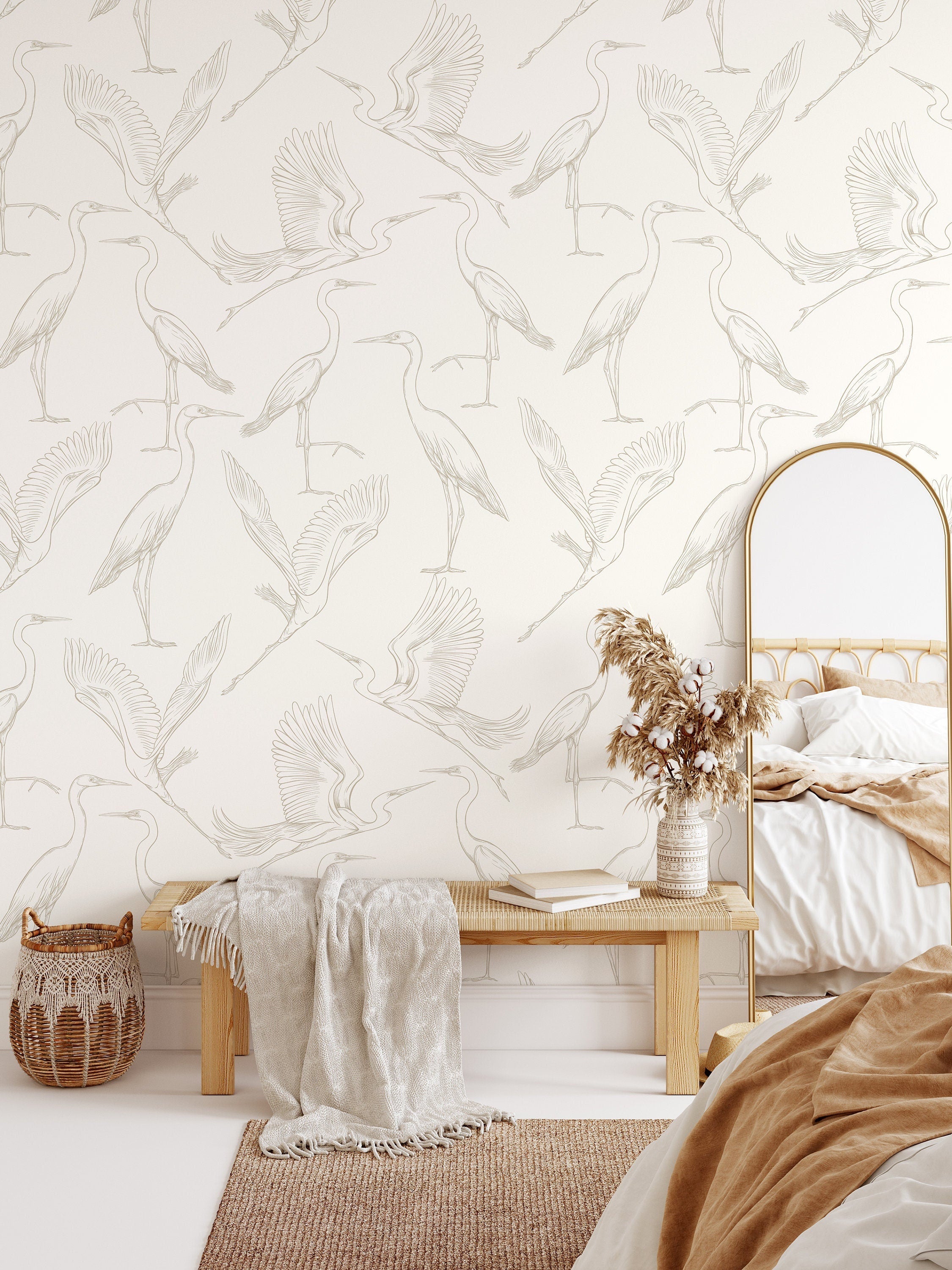 Bird Wallpaper With Elegant Crane Illustrations In Cream And Beige - D103
