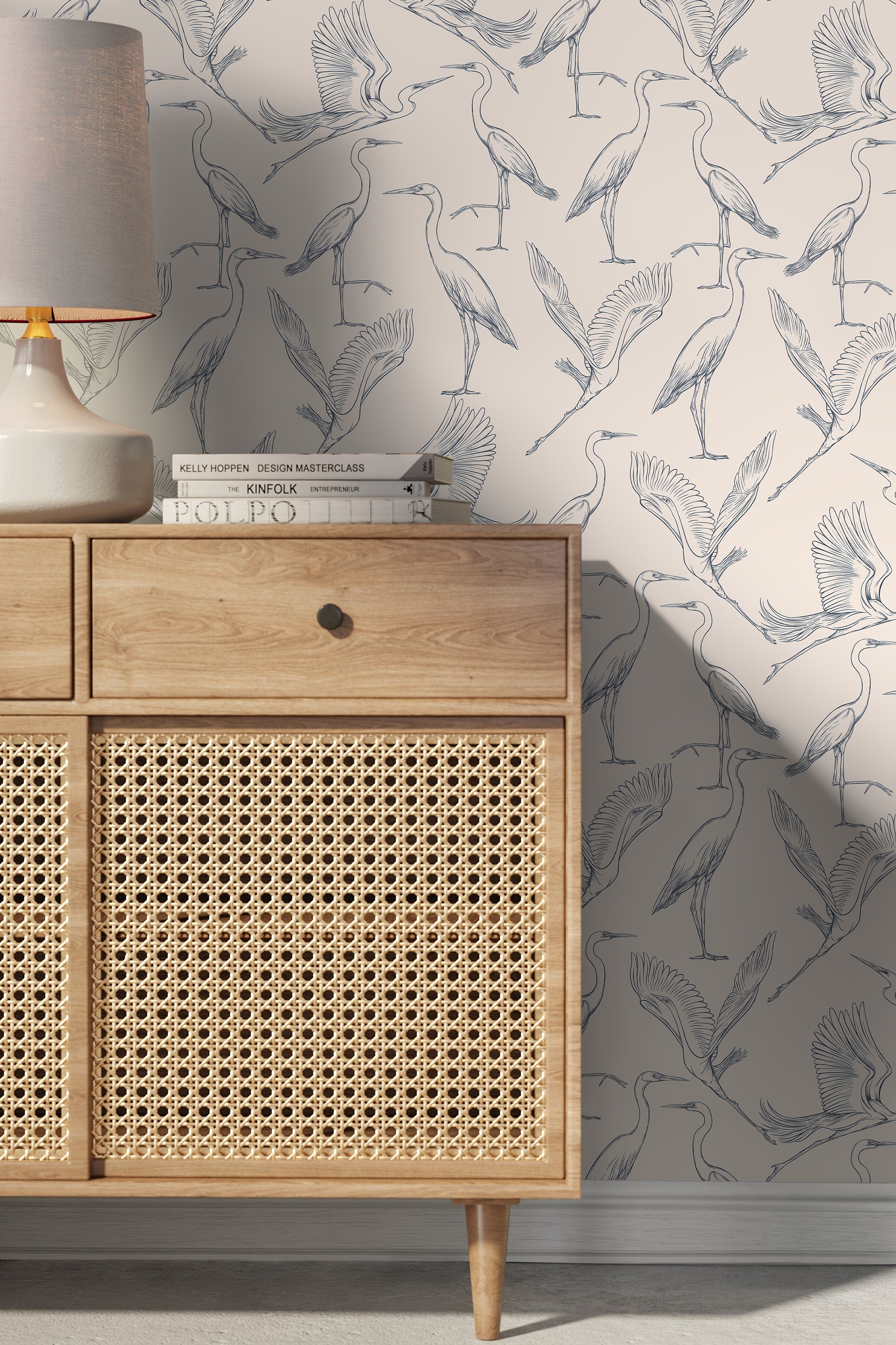 Chinoiserie Wallpaper With A Graceful Crane Motif In Navy Blue And Beige - D104