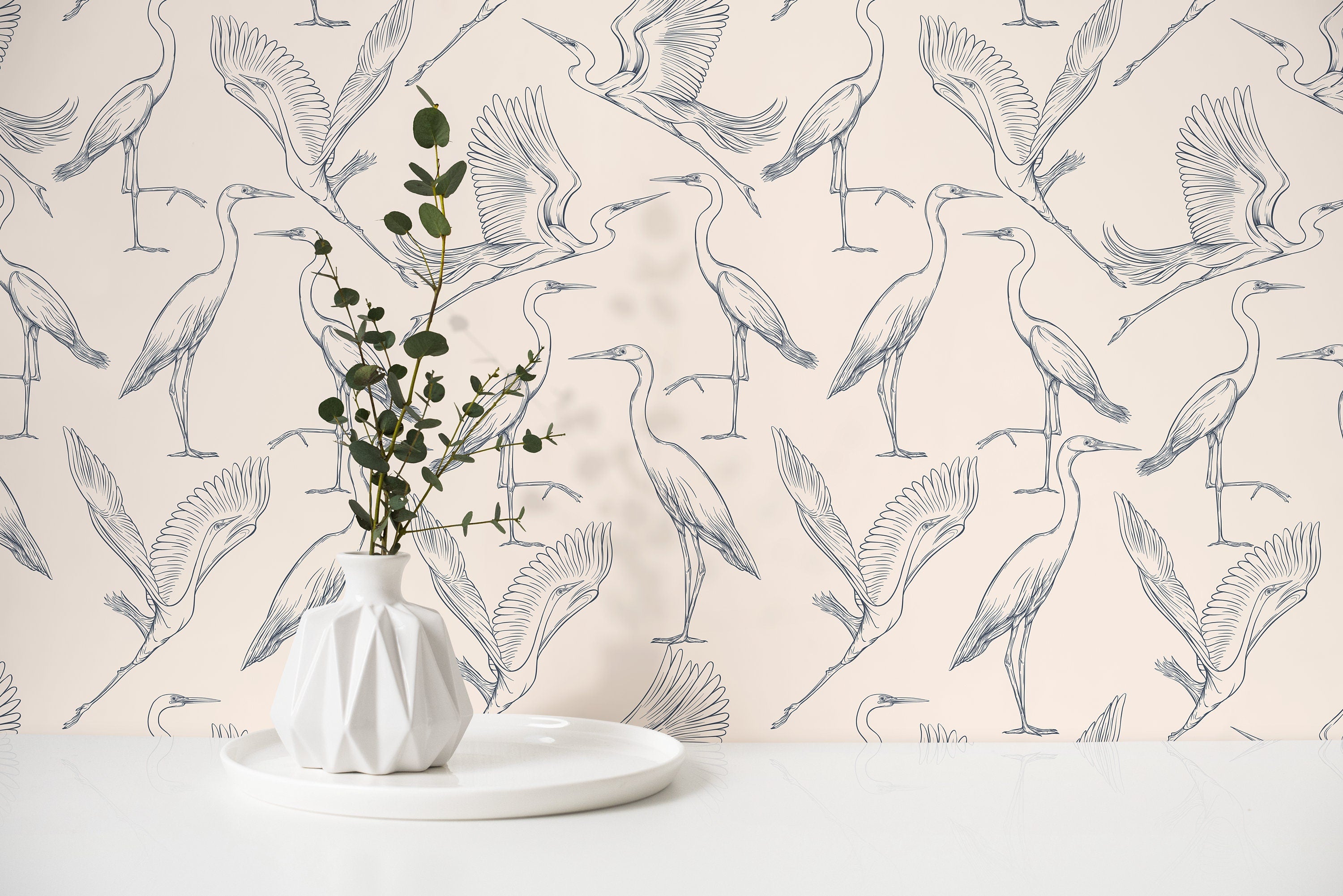 Chinoiserie Wallpaper With A Graceful Crane Motif In Navy Blue And Beige - D104