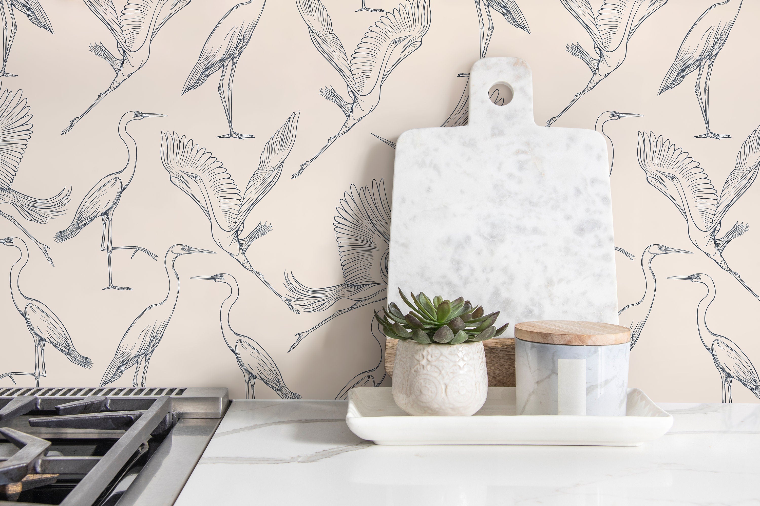 Chinoiserie Wallpaper With A Graceful Crane Motif In Navy Blue And Beige - D104