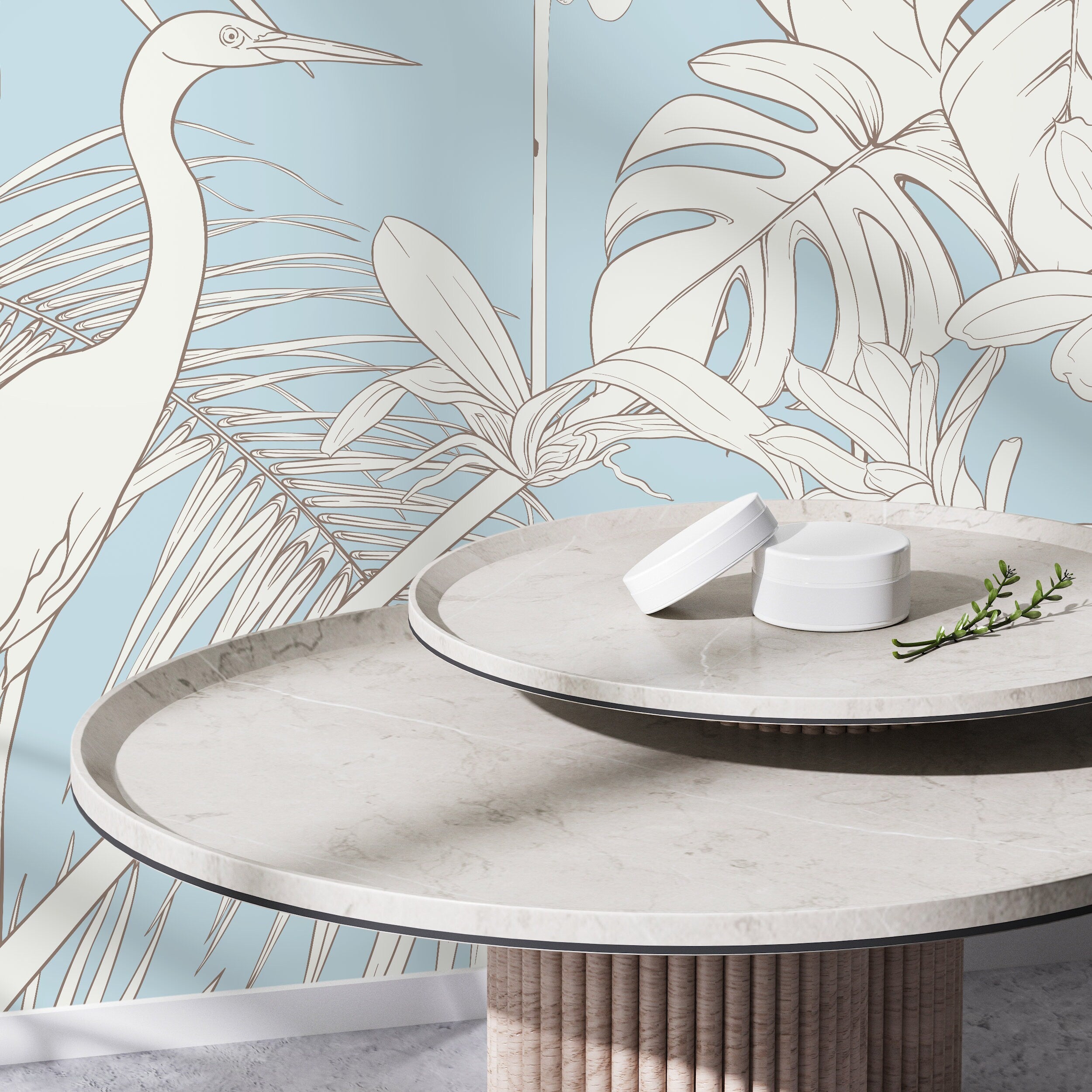 Chinoiserie Wallpaper With Cranes And Tropical Botanicals In Light Blue - D107