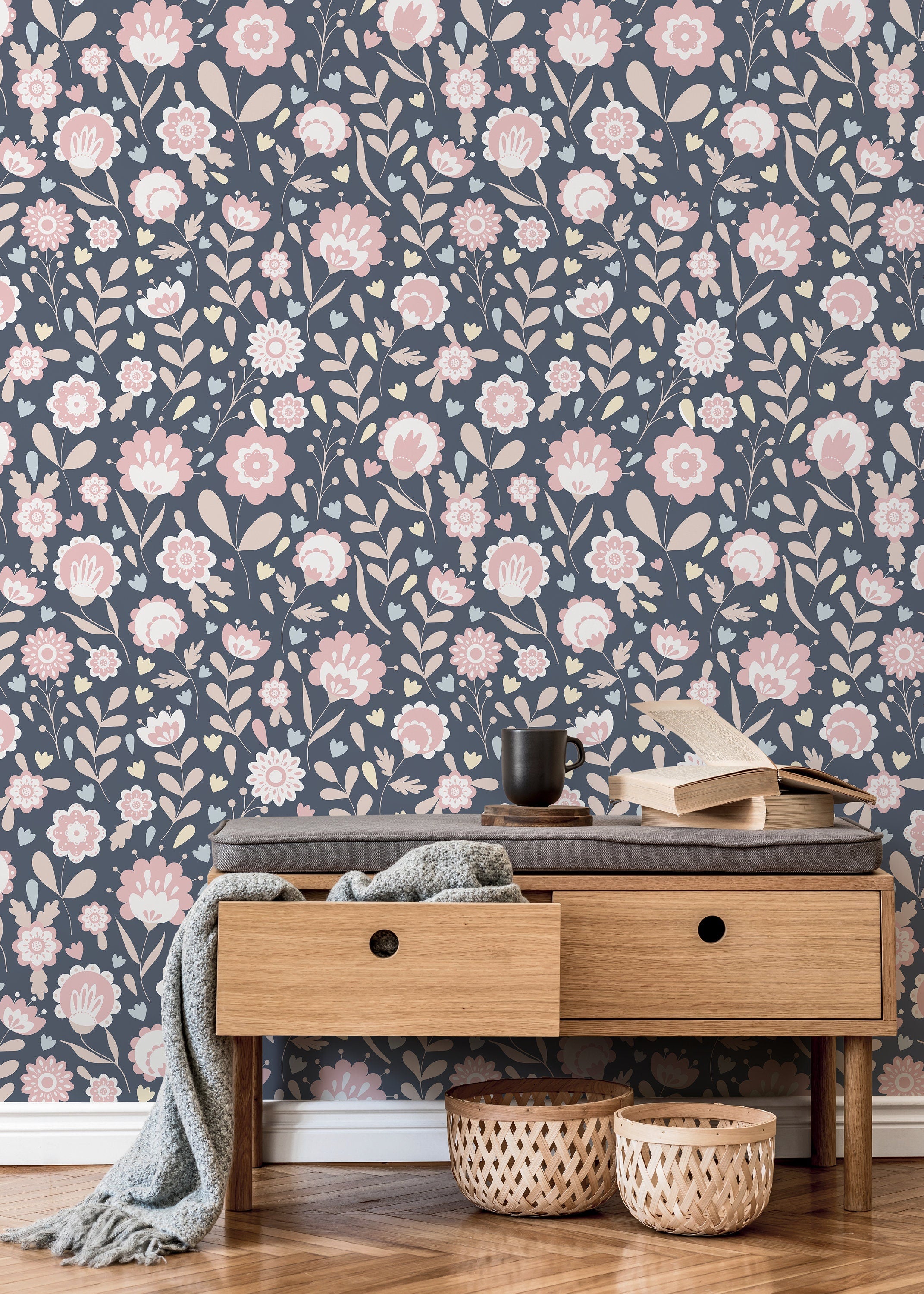Scandinavian Wallpaper Featuring Stylized Folk Art Flowers In Pink, Blue, And Cream - D108