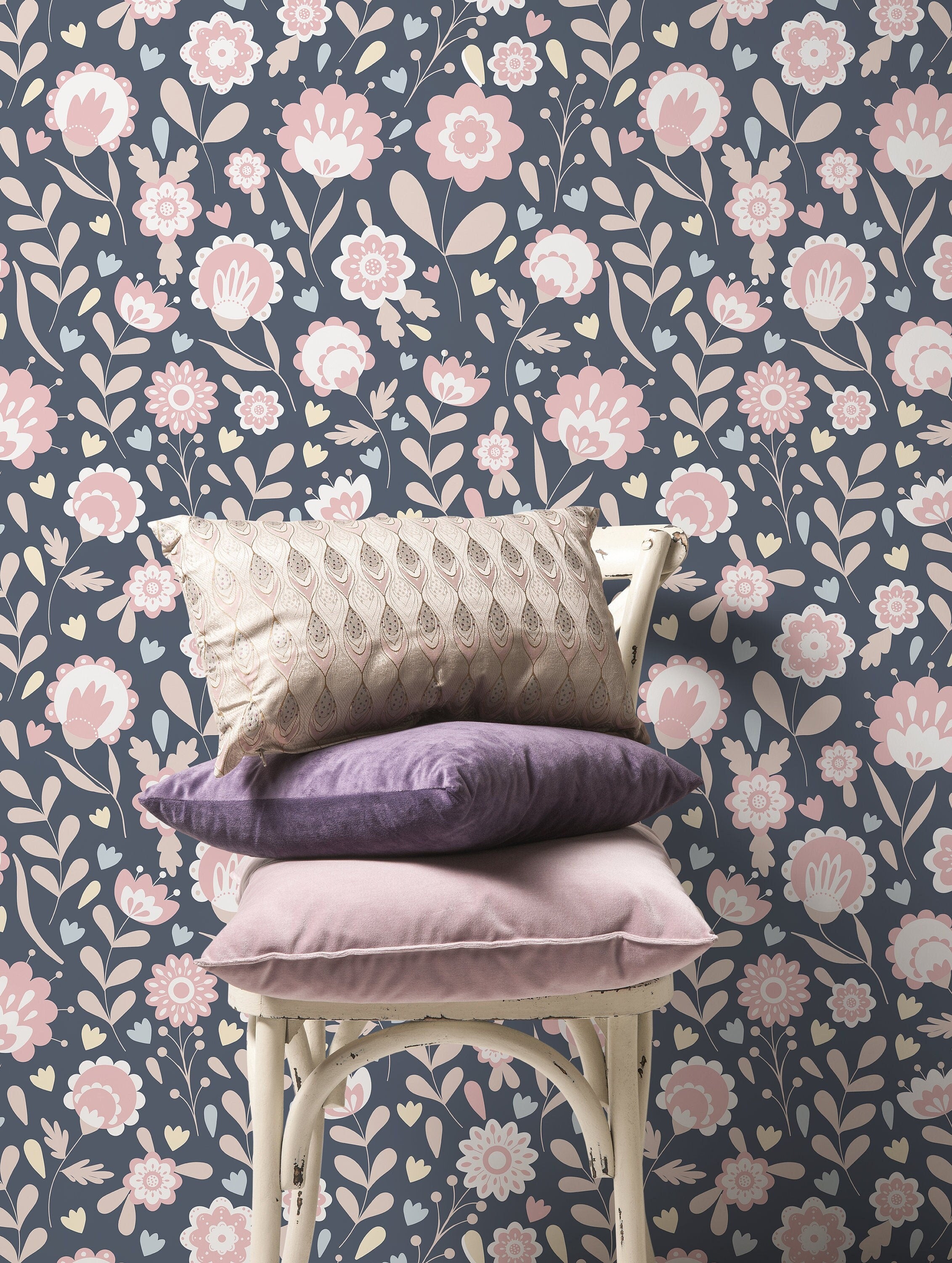 Scandinavian Wallpaper Featuring Stylized Folk Art Flowers In Pink, Blue, And Cream - D108