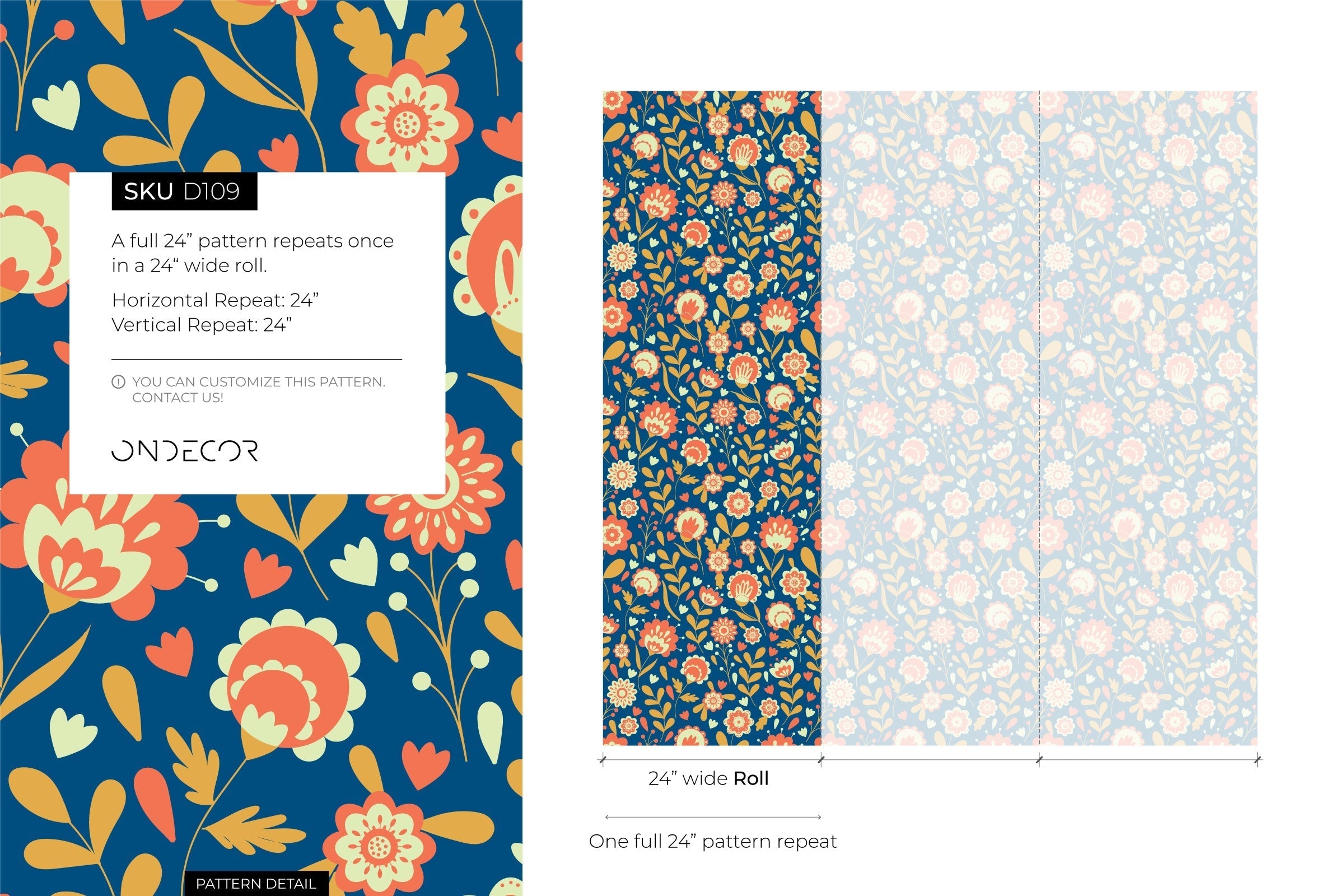 Scandinavian Wallpaper With A Folk Art Floral Motif In Blue, Orange, And Yellow - D109