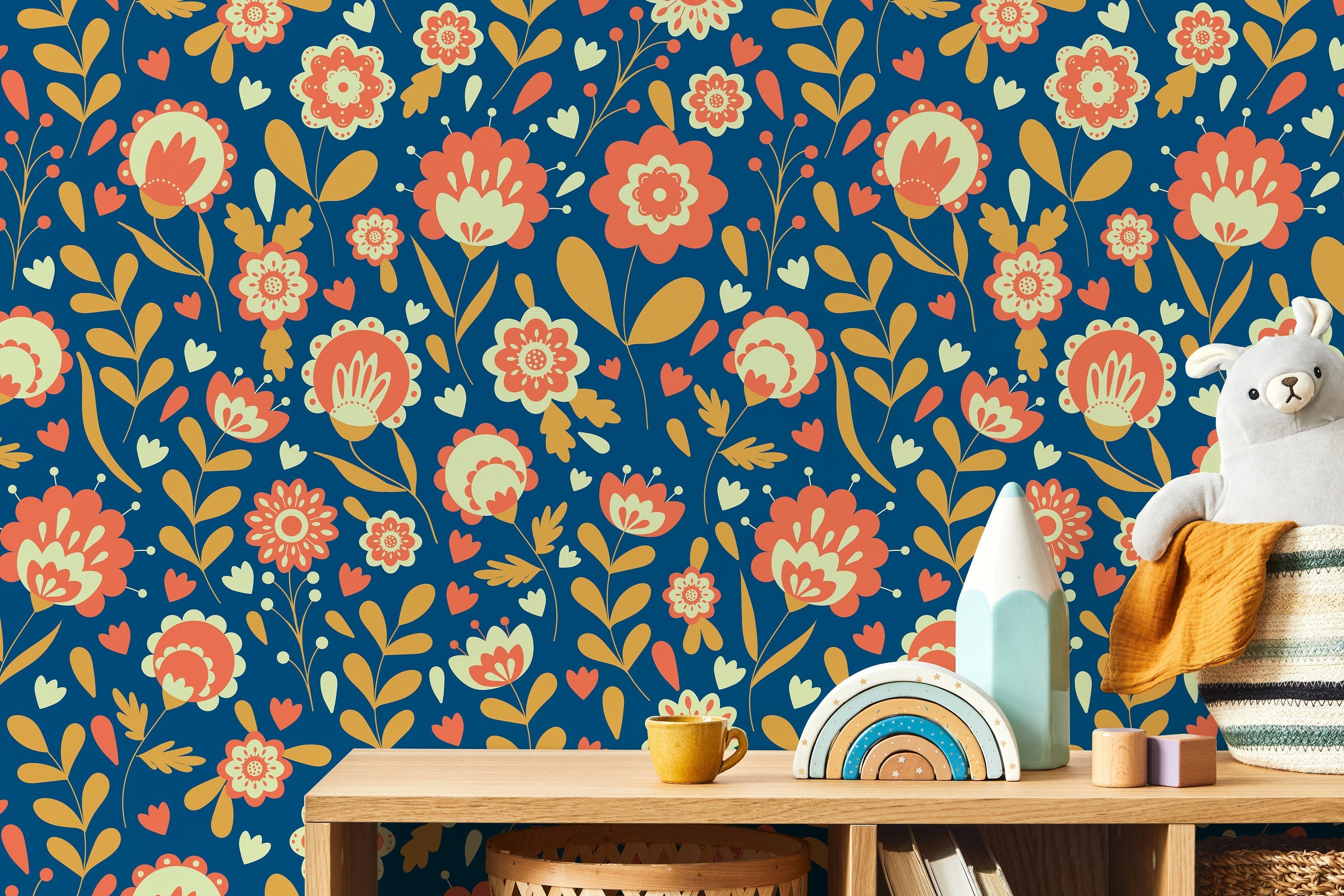 Scandinavian Wallpaper With A Folk Art Floral Motif In Blue, Orange, And Yellow - D109