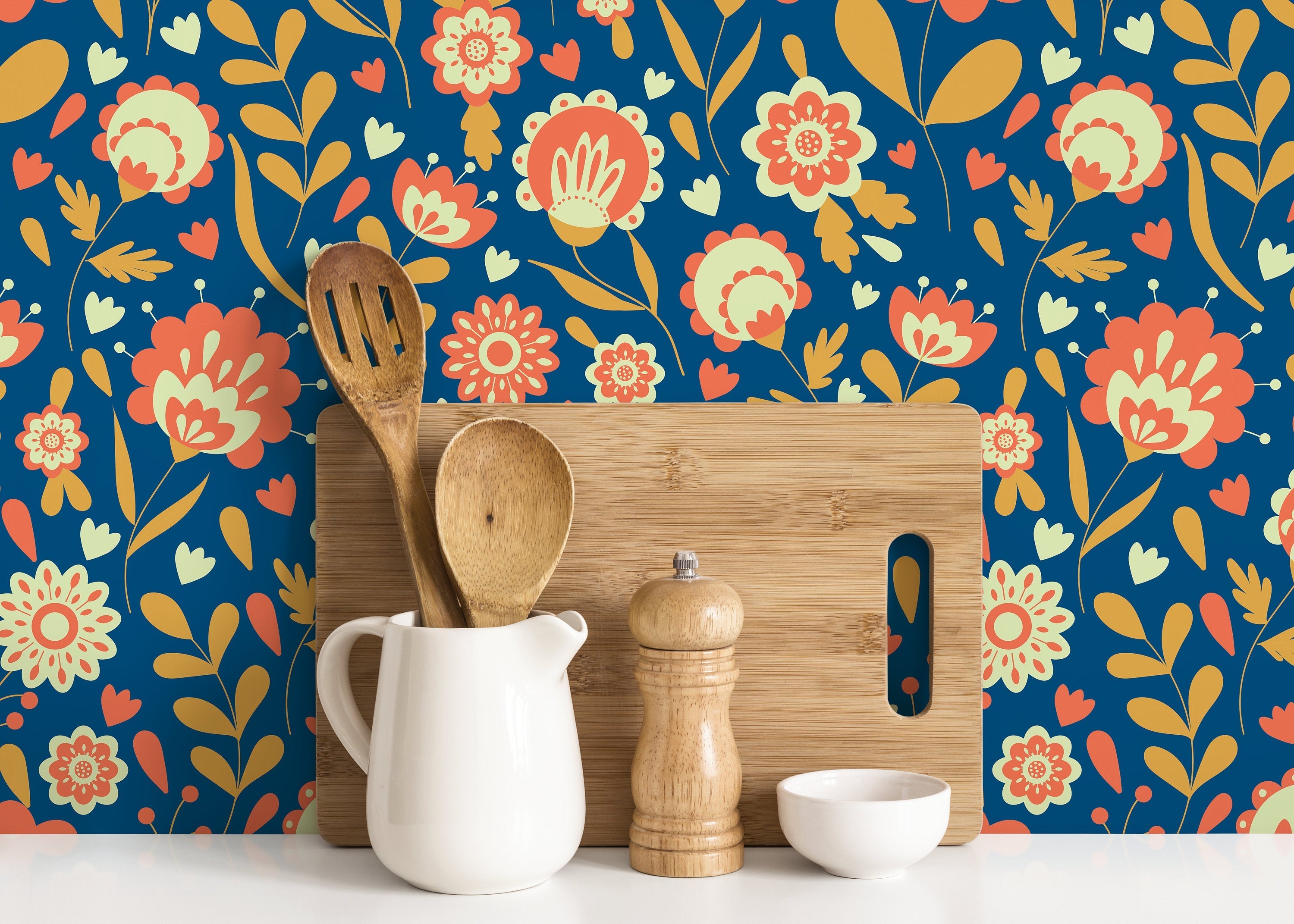 Scandinavian Wallpaper With A Folk Art Floral Motif In Blue, Orange, And Yellow - D109