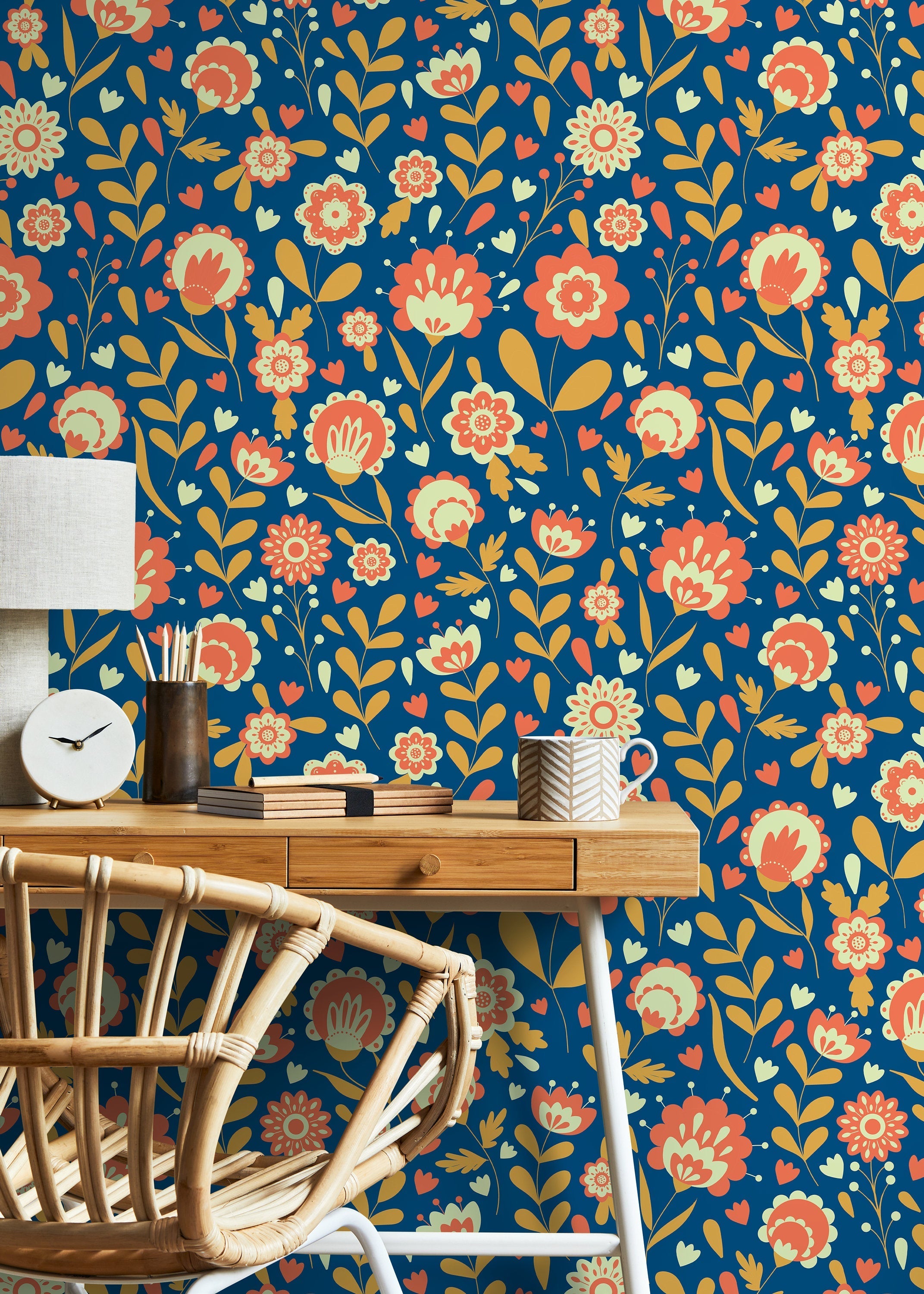 Scandinavian Wallpaper With A Folk Art Floral Motif In Blue, Orange, And Yellow - D109